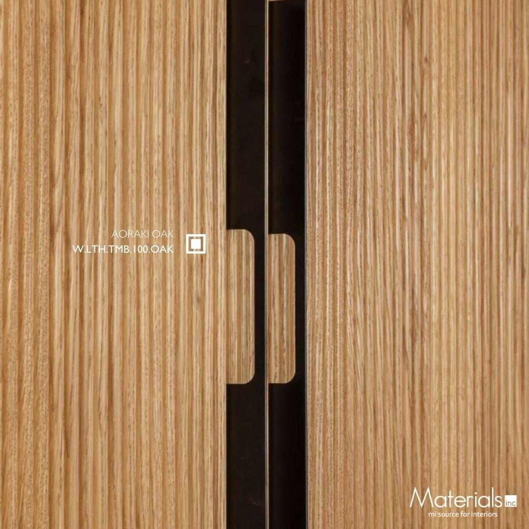 Close-up of Tambora Aoraki Oak milled wood panel closet door pulls