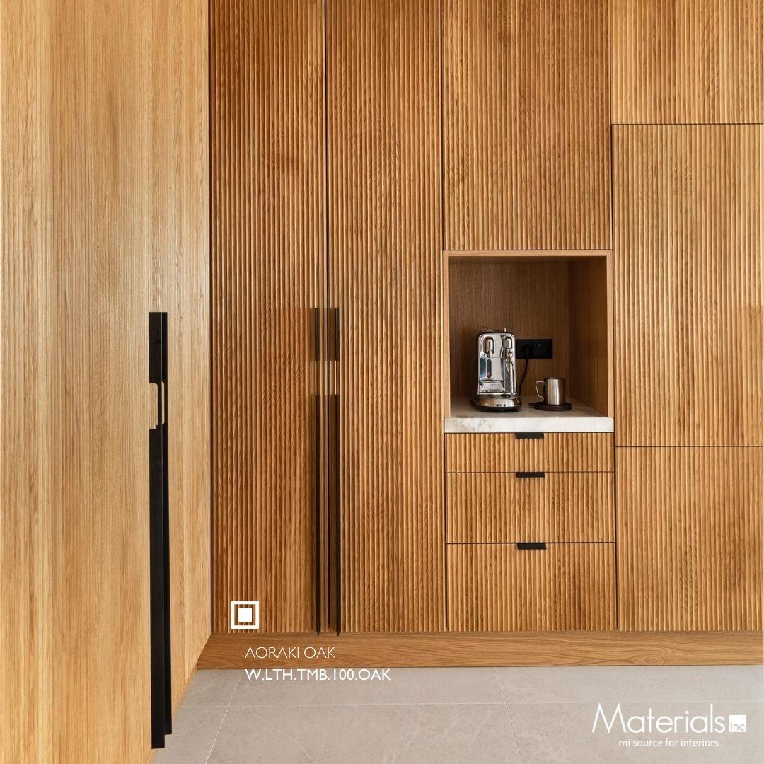 Tambora Aoraki Oak milled wood panel on a closet wall with an integrated coffee nook