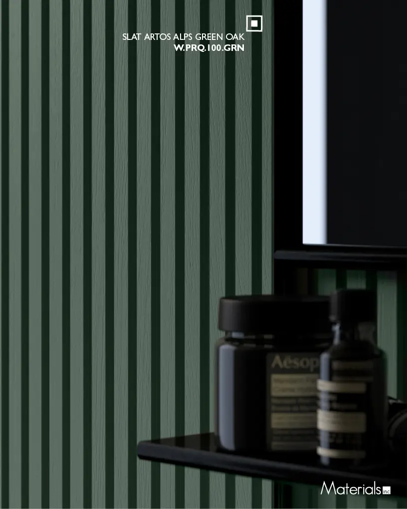 Slat Artos Alps Green Oak fluted wall panel installed behind a bathroom vanity mirror and shelf