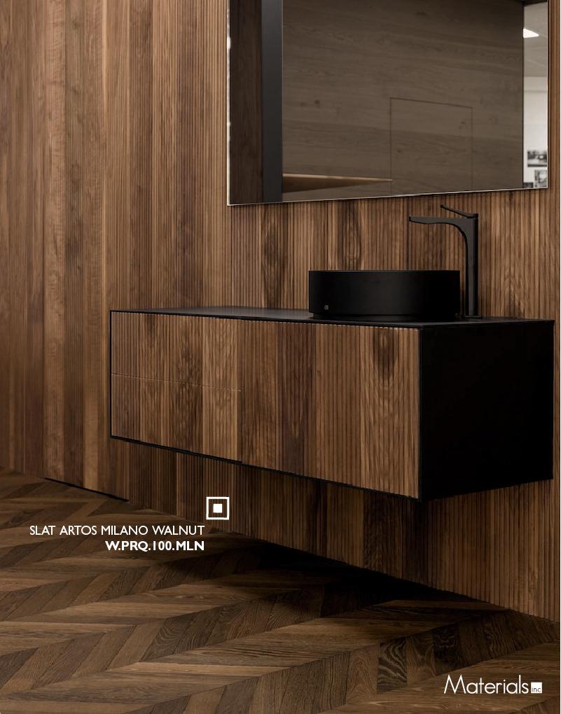 Slat Artos Milano Walnut fluted wall panel and floating vanity with black vessel sink and mirror