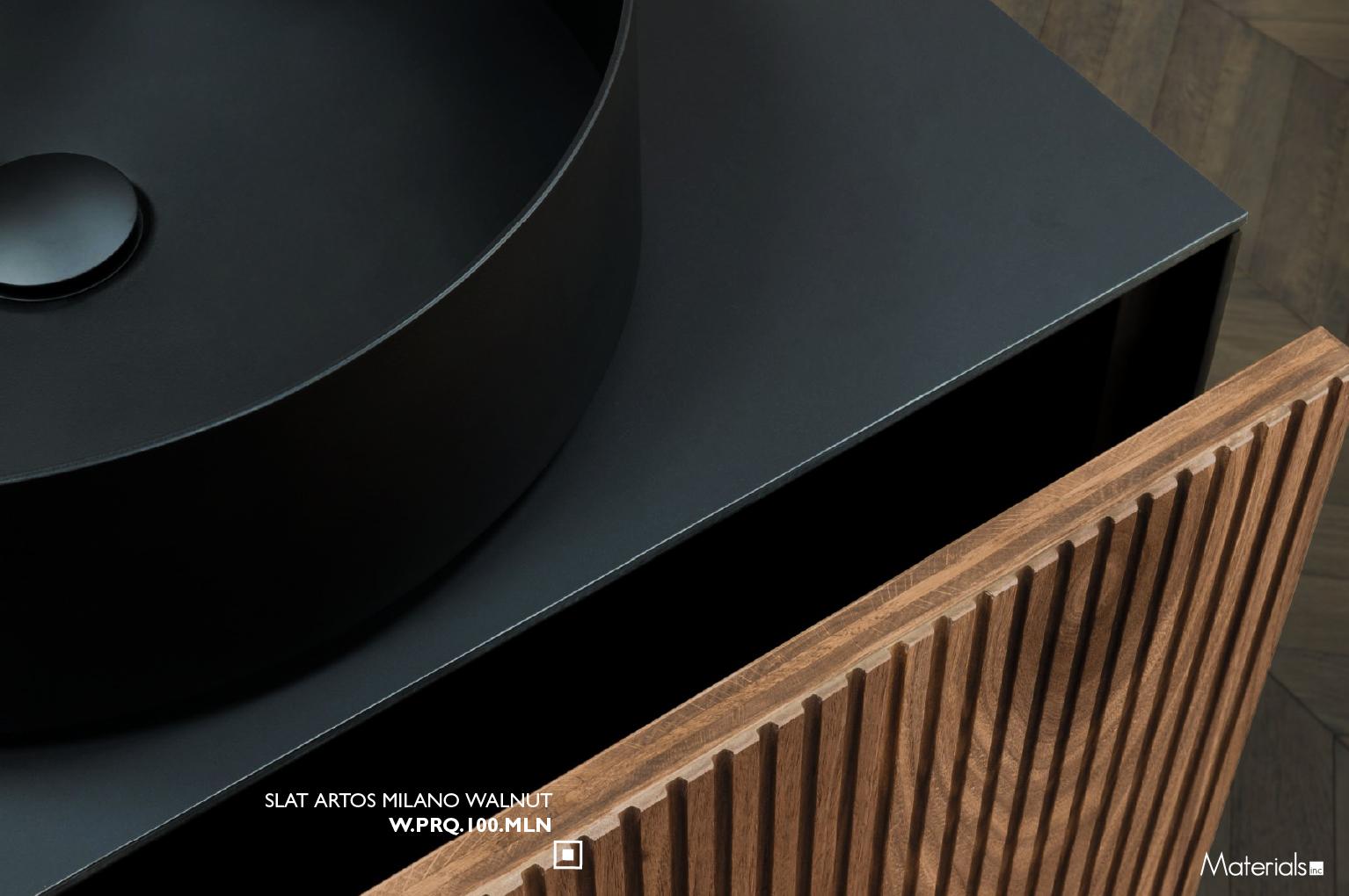 Slat Artos Milano Walnut fluted cabinet front detail beside a black vessel sink