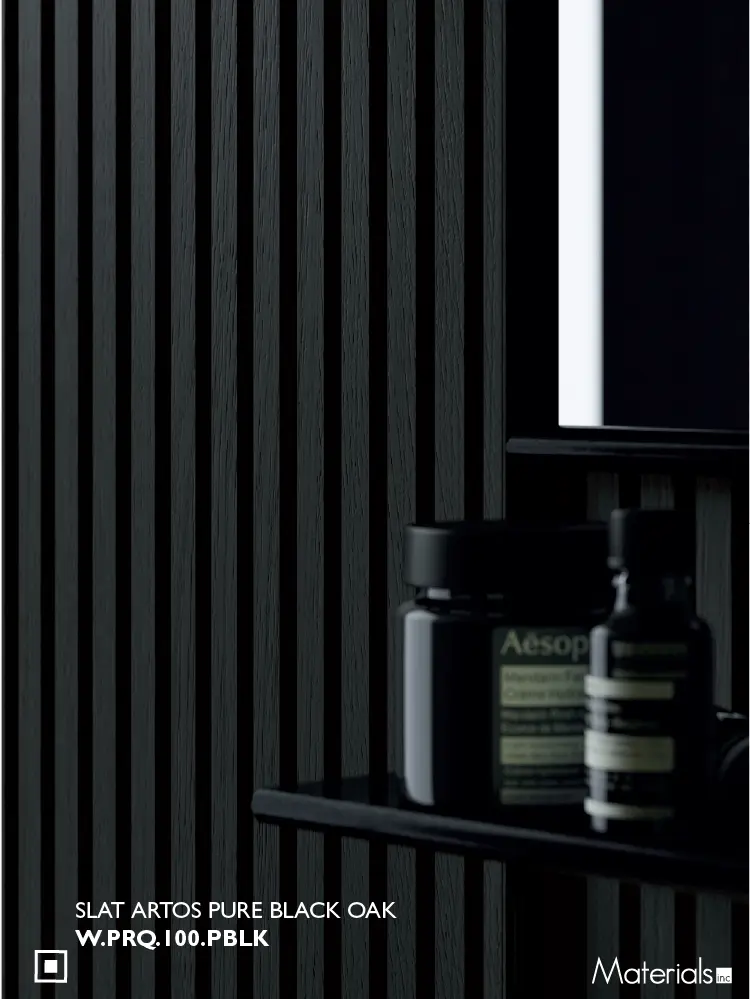 Slat Artos Pure Black Oak fluted wall panel installed behind a bathroom vanity mirror and shelf