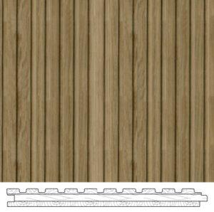 Slat Artos real material sample - natural oak vertical flute profile, with tongue-and-groove cross-section detail