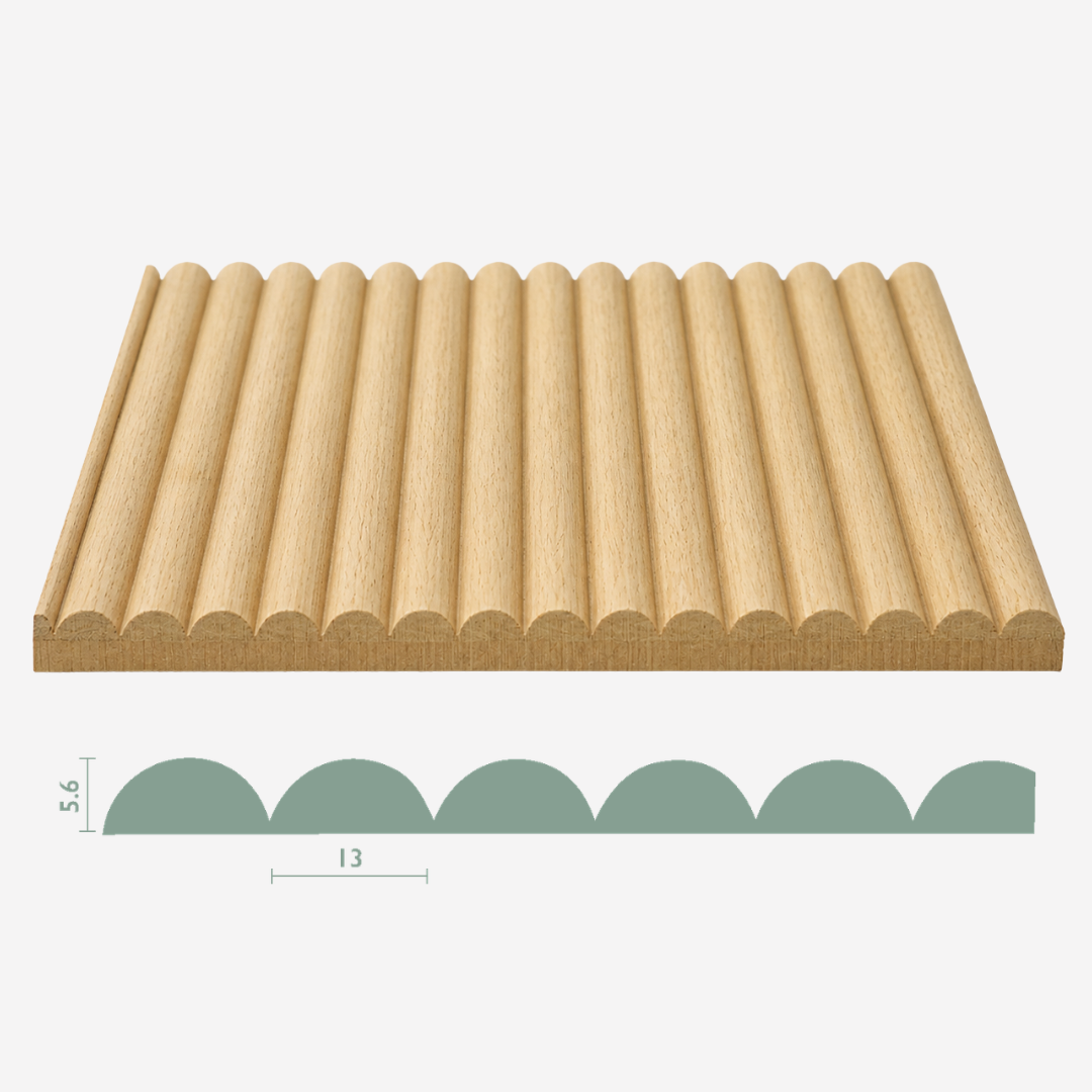 Tambora Aspen real material sample - rounded half-round flute milled wood panel, with profile cross-section