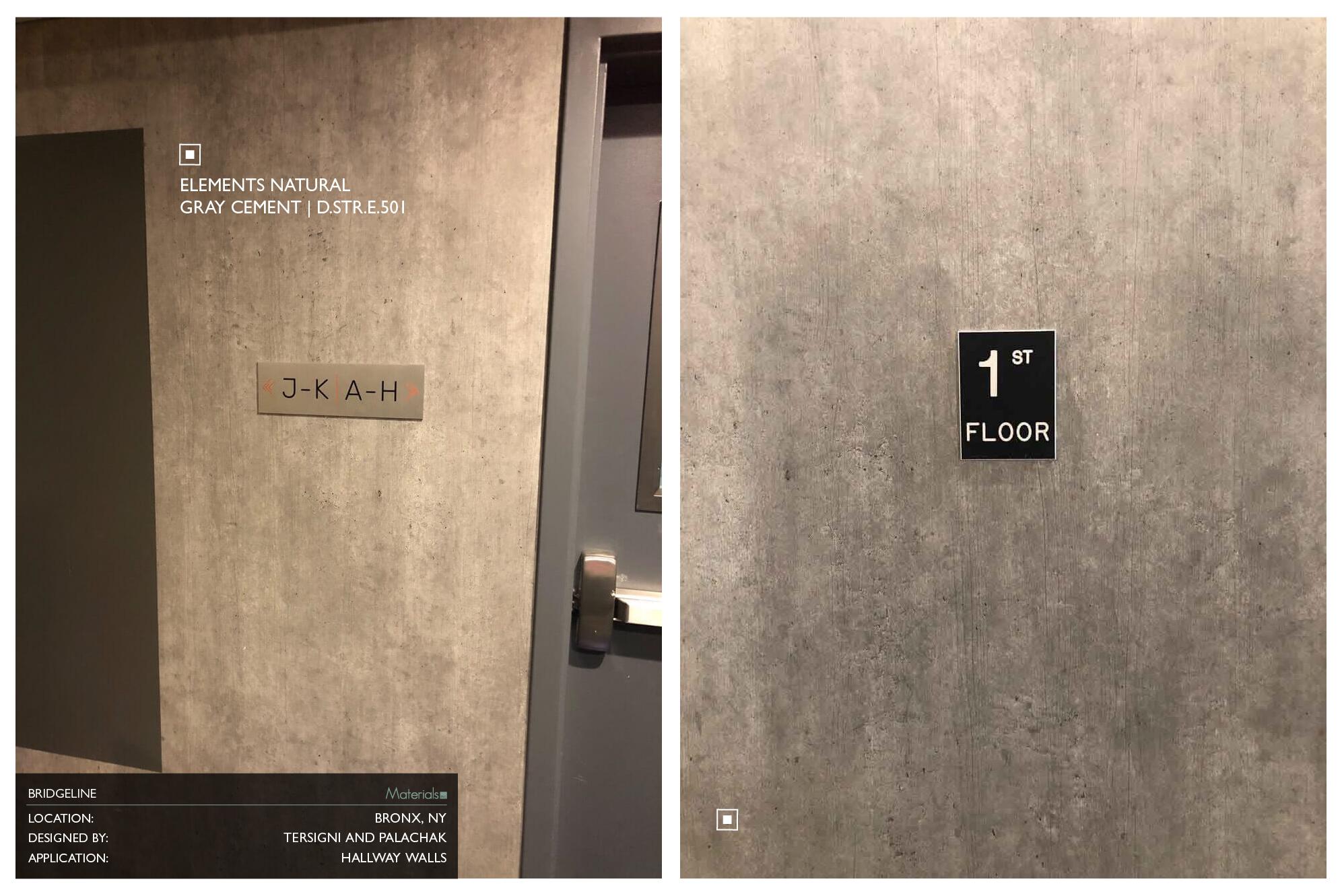 Elements Natural Gray Cement laminate cladding residential hallway walls with unit directory and floor signage