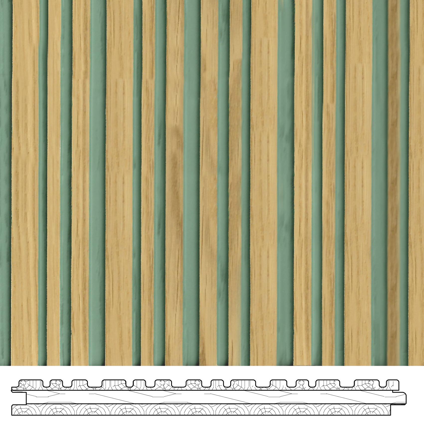 Slat Cilo real material sample - alternating natural oak and sage green vertical flute profile, with tongue-and-groove cross-section detail