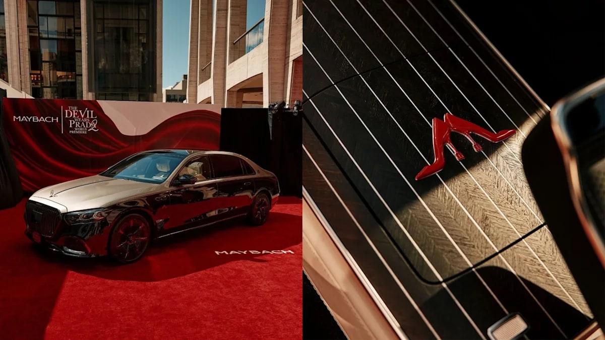 The Devil Wears Prada 2 Maybach on a red carpet, beside a console detail with a red stiletto inlaid in Koncepts veneer