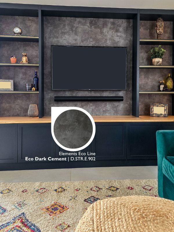 Elements Eco Dark Cement laminate lining a built-in media wall shelving unit