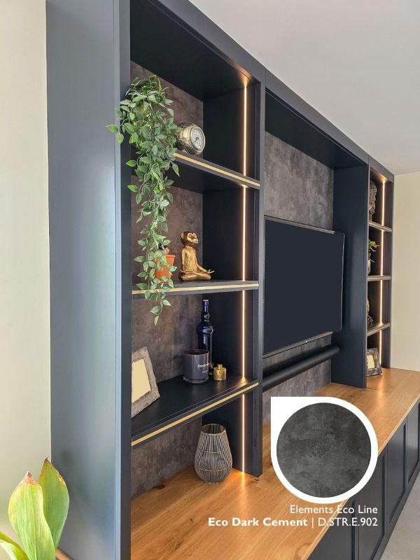 Elements Eco Dark Cement laminate media wall shelving, angled wide view