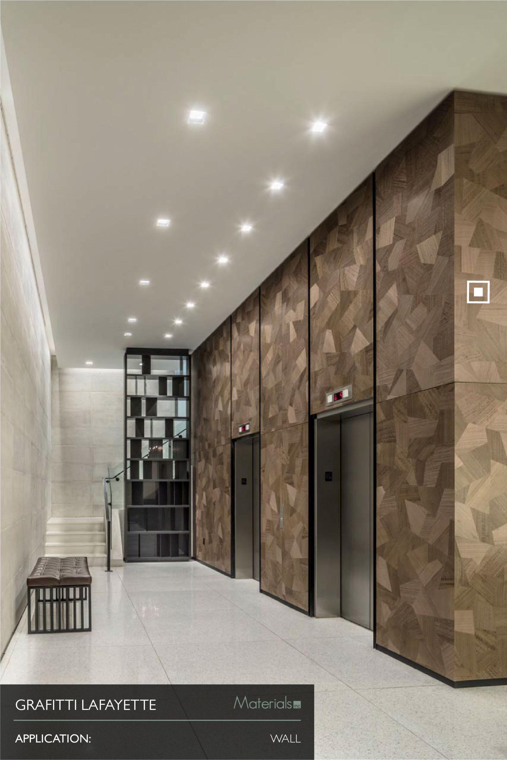 Dye-A-Log wood veneer wall paneling in the Grafitti Lafayette elevator lobby