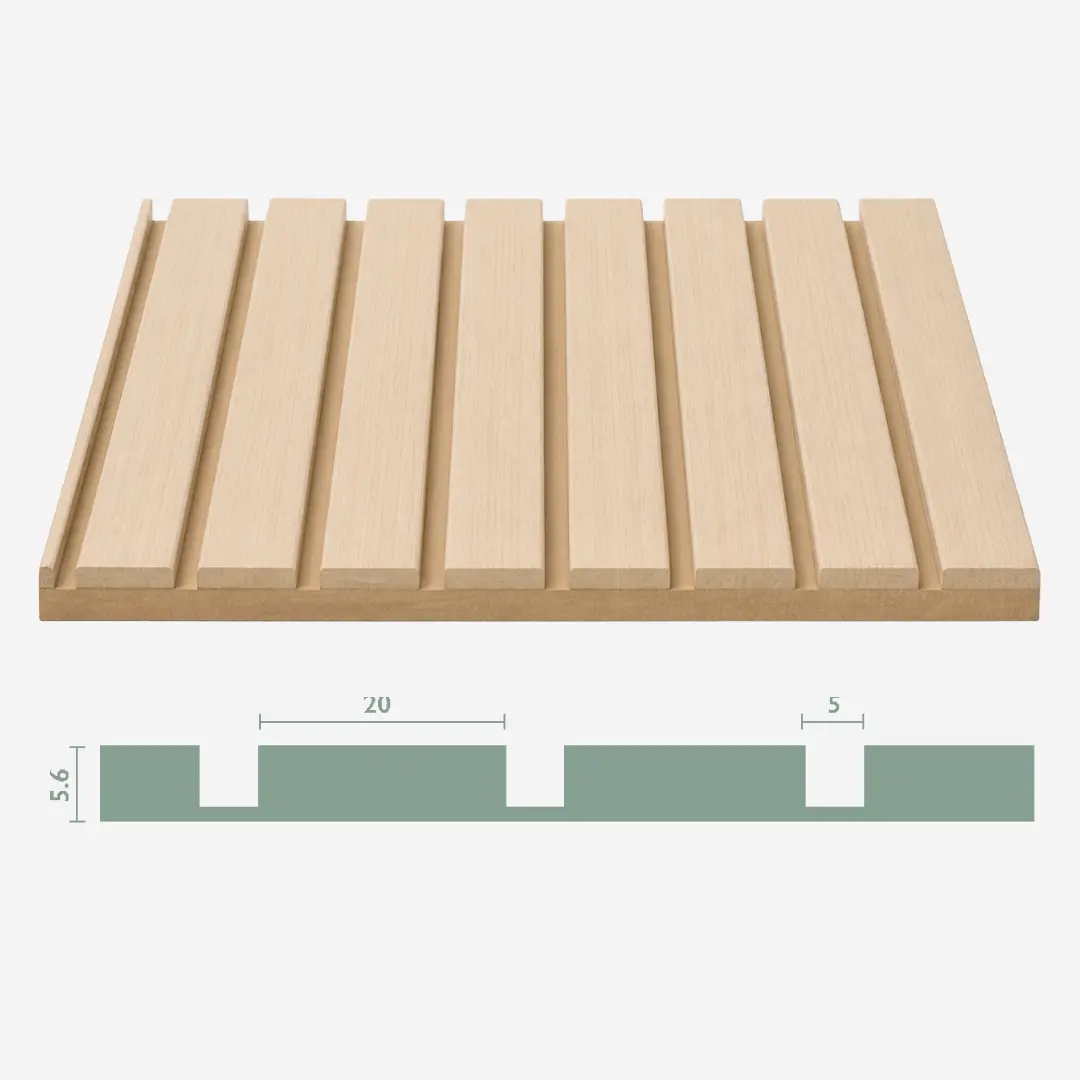 Tambora Kilimanjaro Light Oak real material sample - flat slats with square grooves milled wood panel, with profile cross-section