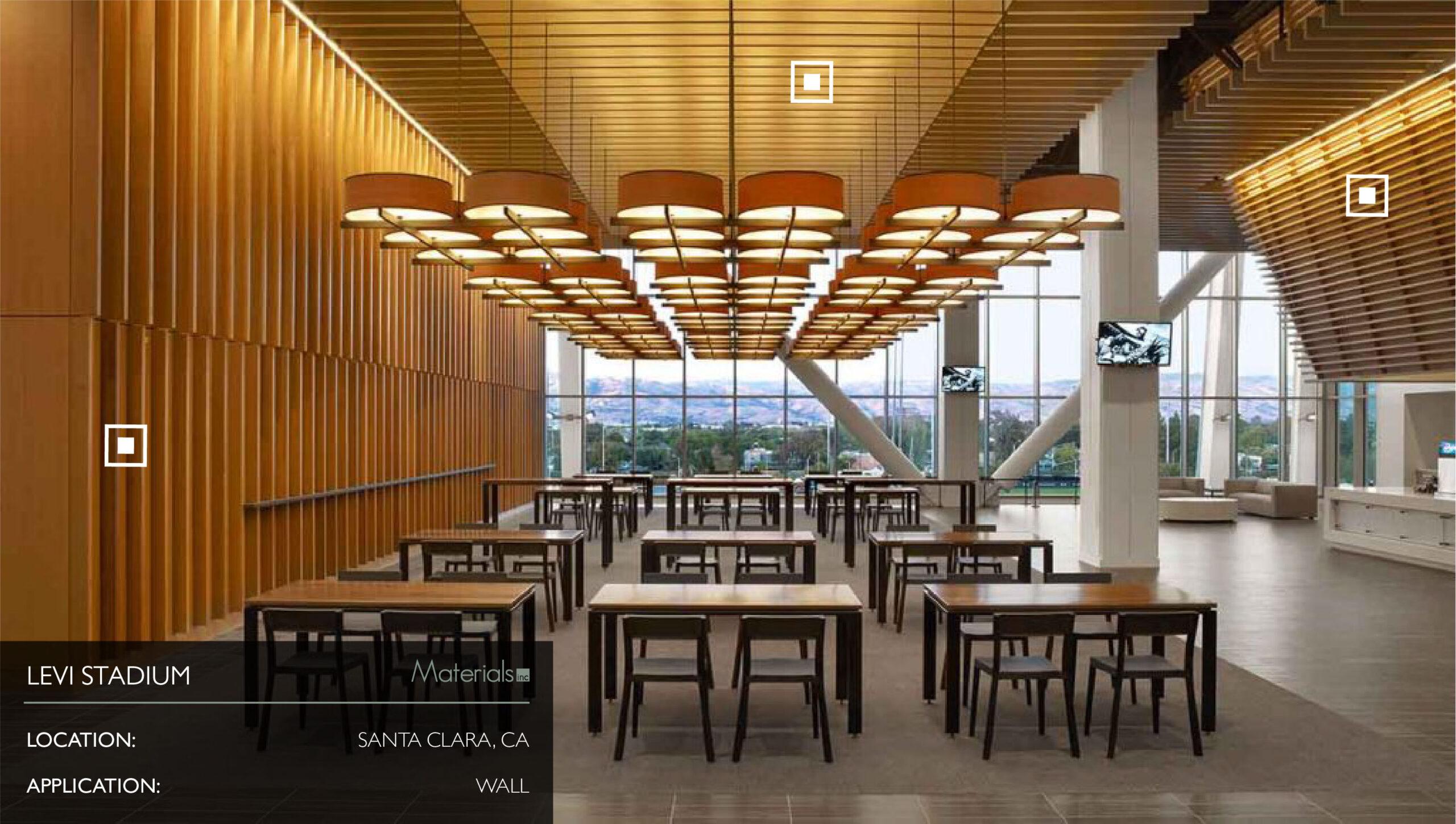 Dye-A-Log wood veneer wall paneling in a Levi Stadium dining lounge