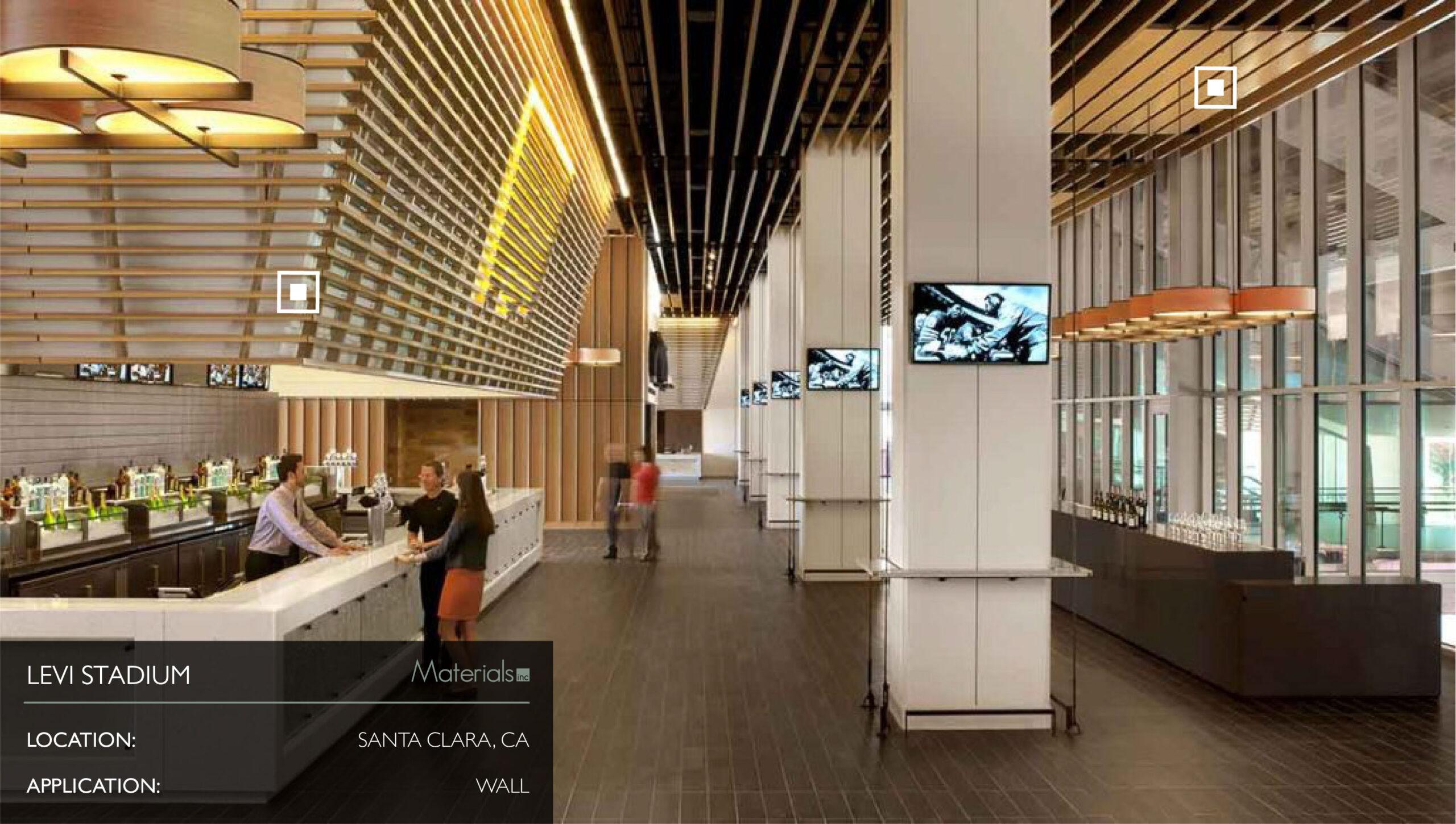 Dye-A-Log wood veneer wall paneling behind a bar at Levi Stadium