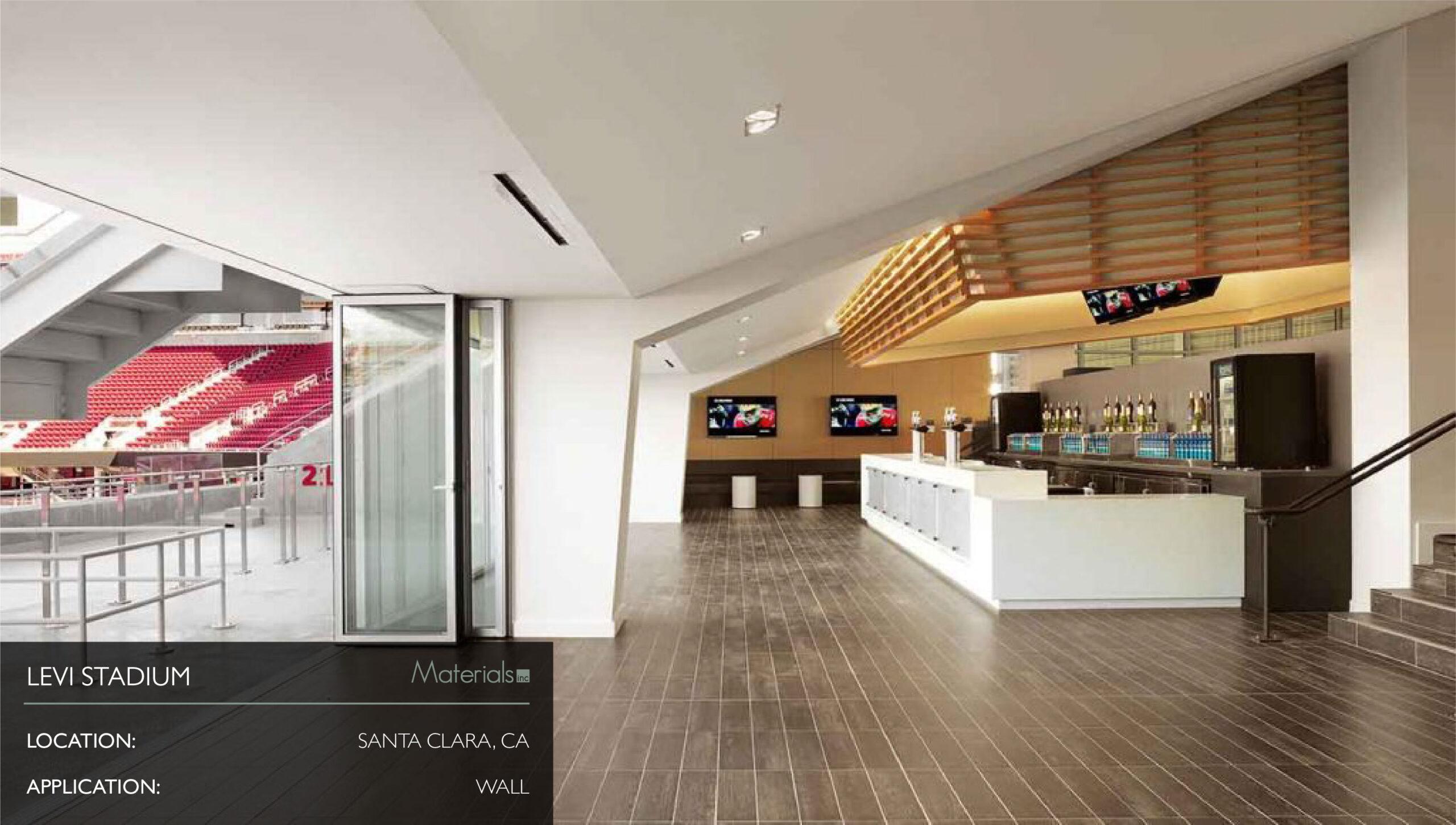 Dye-A-Log wood veneer wall paneling in a Levi Stadium concourse bar area