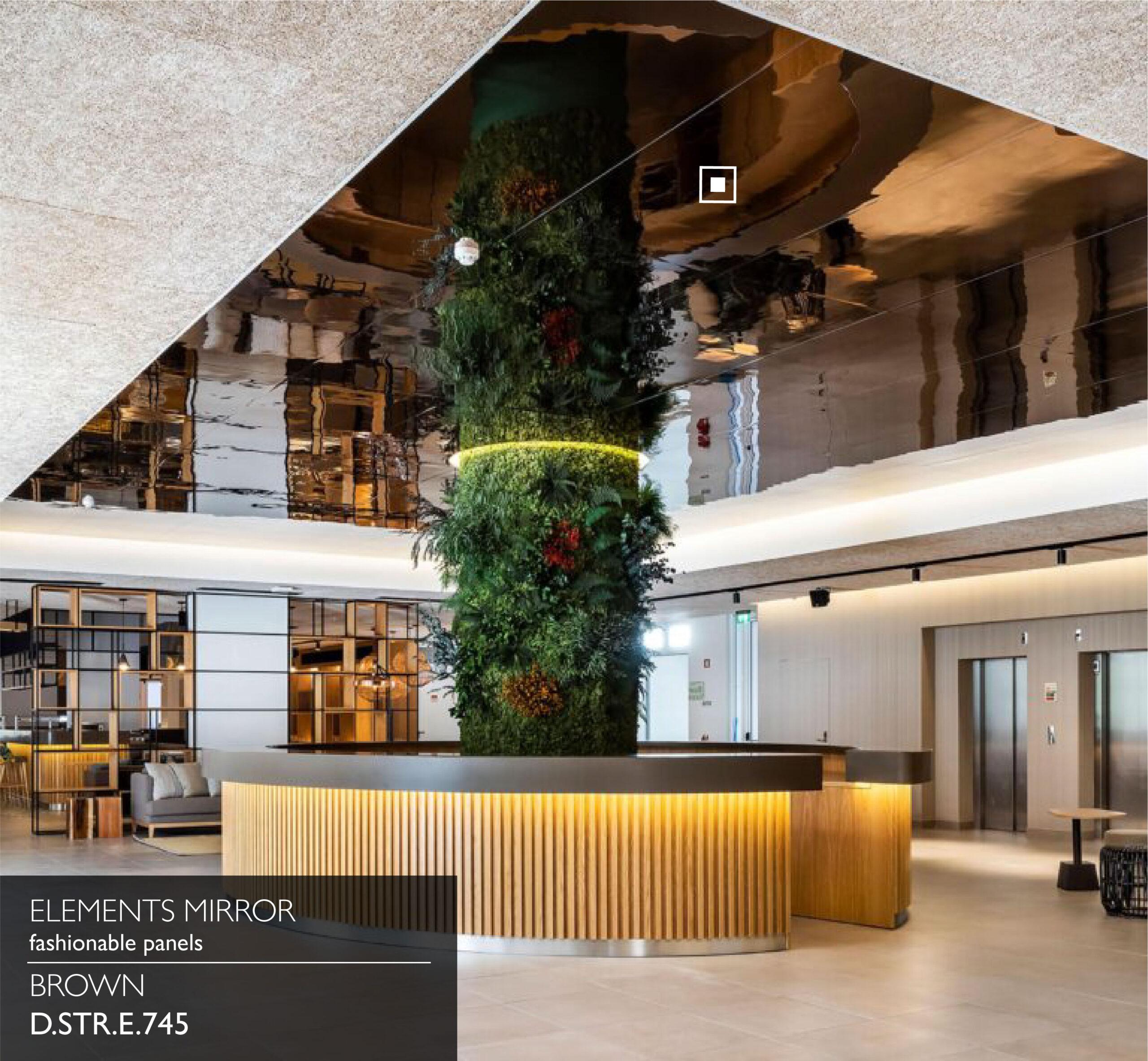 Elements Mirror Brown panel cladding a curved reception ceiling reflecting a living plant column
