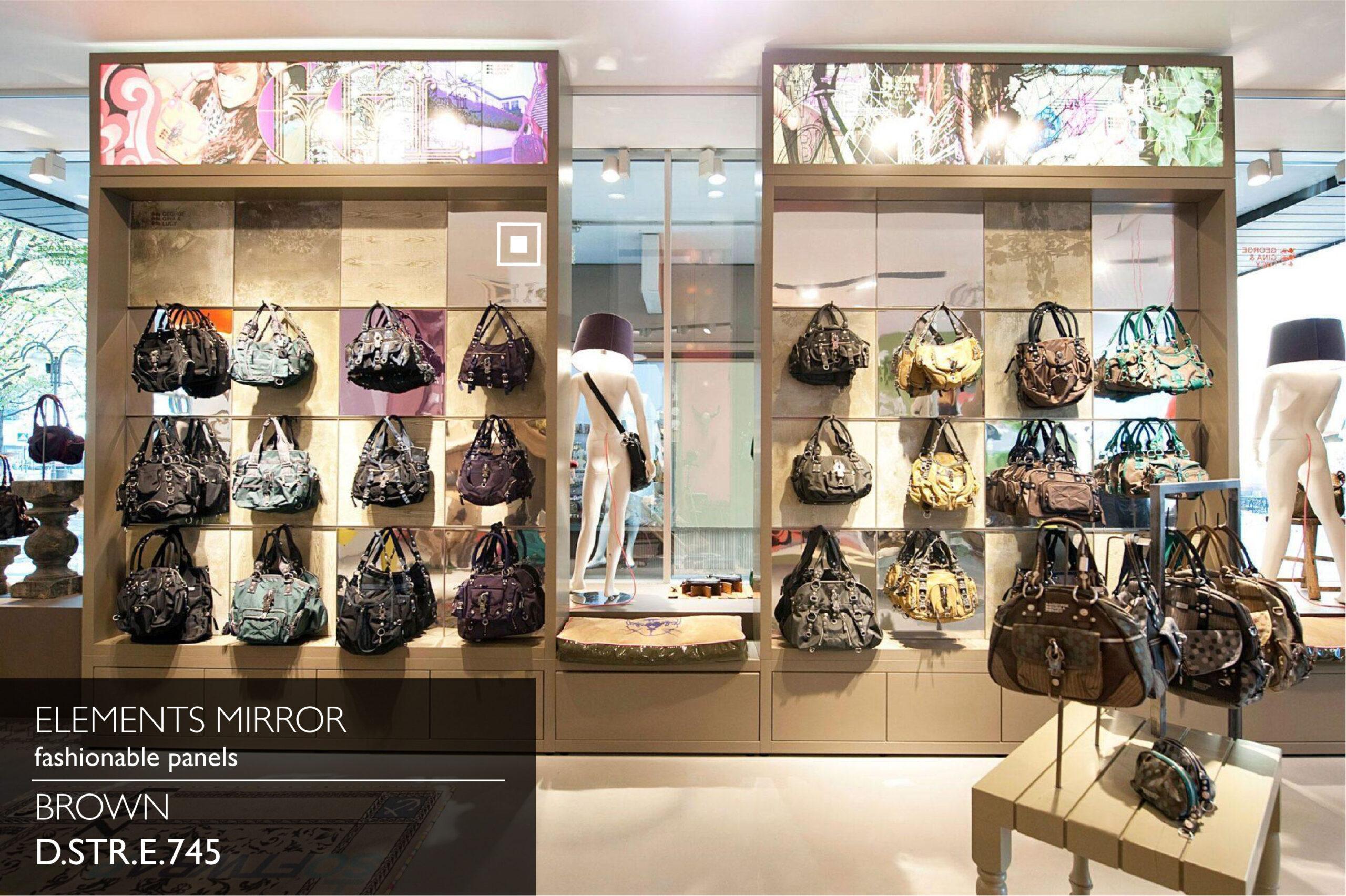 Elements Mirror Brown panel tiles forming a handbag retail display wall