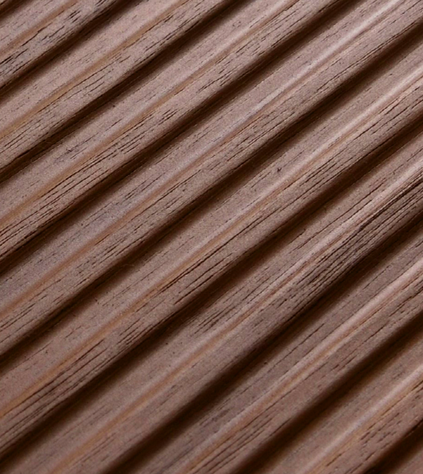 Prensa Modella in Teak real material sample - diagonal ribbed embossed wood panel