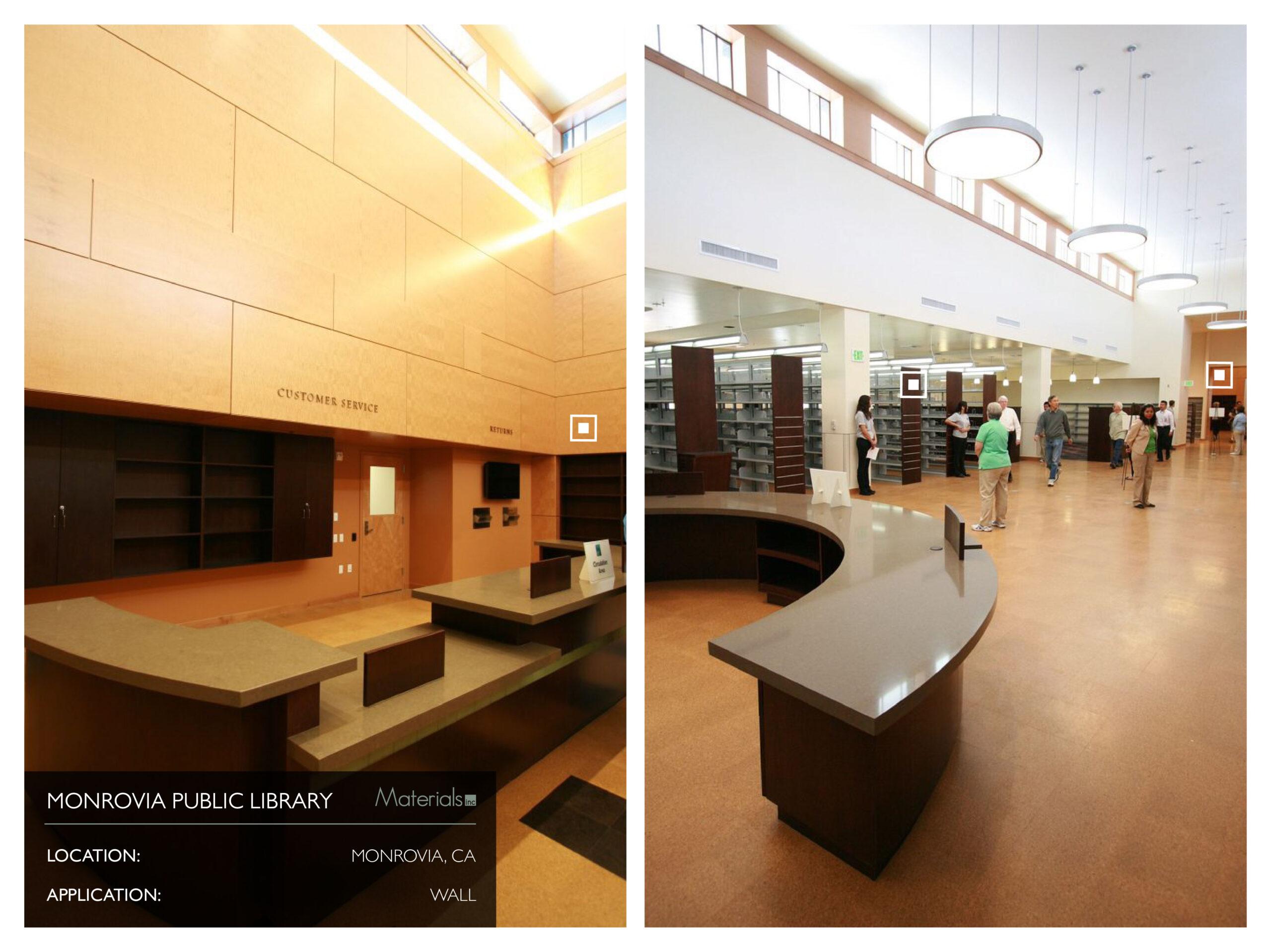 Dye-A-Log wood veneer wall paneling at the Monrovia Public Library customer service desk, collage of installation views