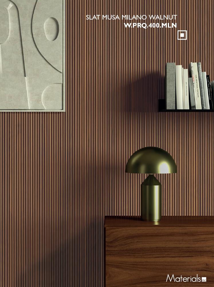 Slat Musa Milano Walnut fluted wall panel installed behind a styled walnut console