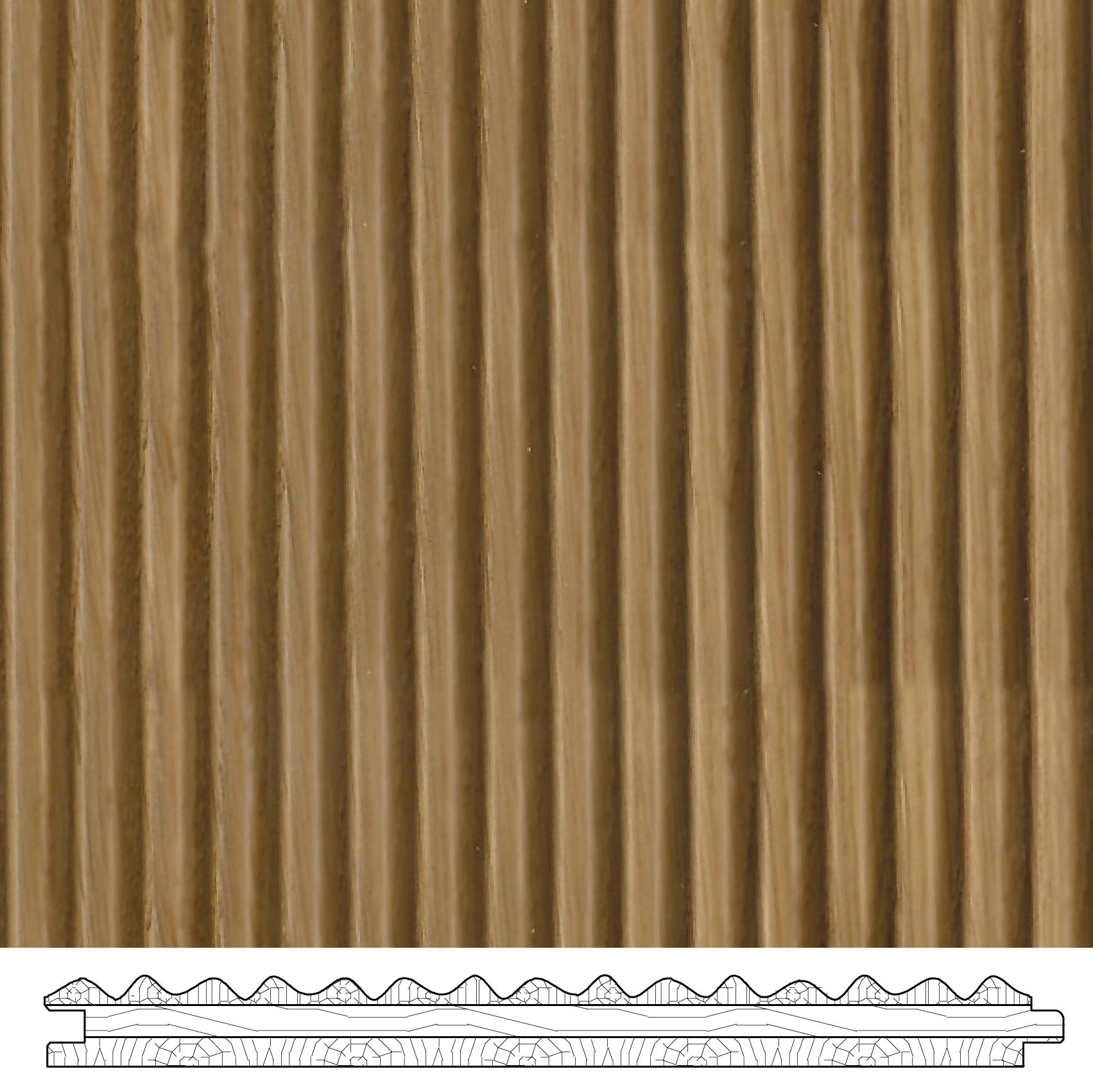 Slat Musa real material sample - natural oak vertical flute profile, with tongue-and-groove cross-section detail