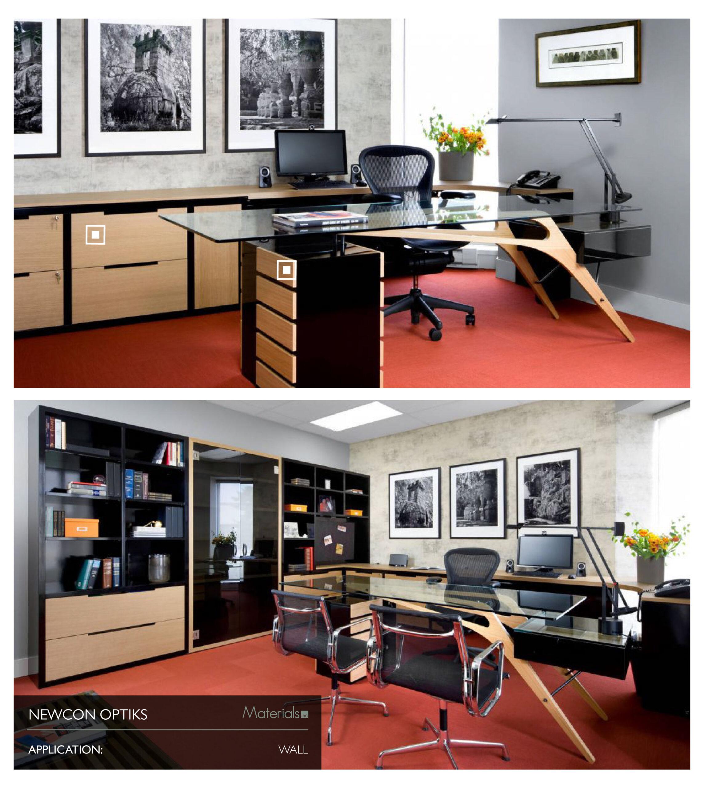 Dye-A-Log wood veneer wall and cabinetry paneling in a Newcon Optiks office, collage of installation views