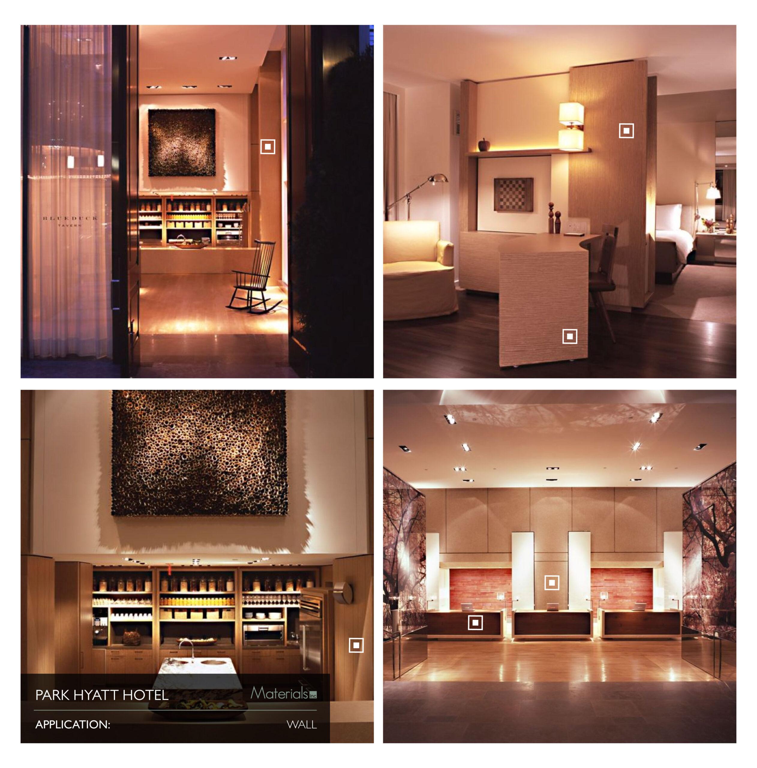 Dye-A-Log wood veneer wall paneling throughout the Park Hyatt Hotel, collage of installation views