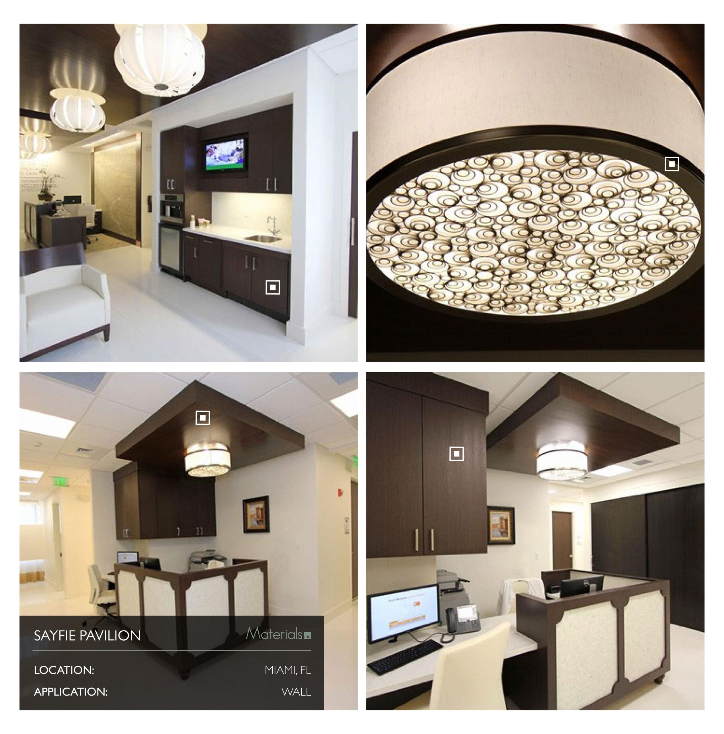 Dye-A-Log wood veneer cabinetry and ceiling paneling in the Sayfie Pavilion, collage of installation views