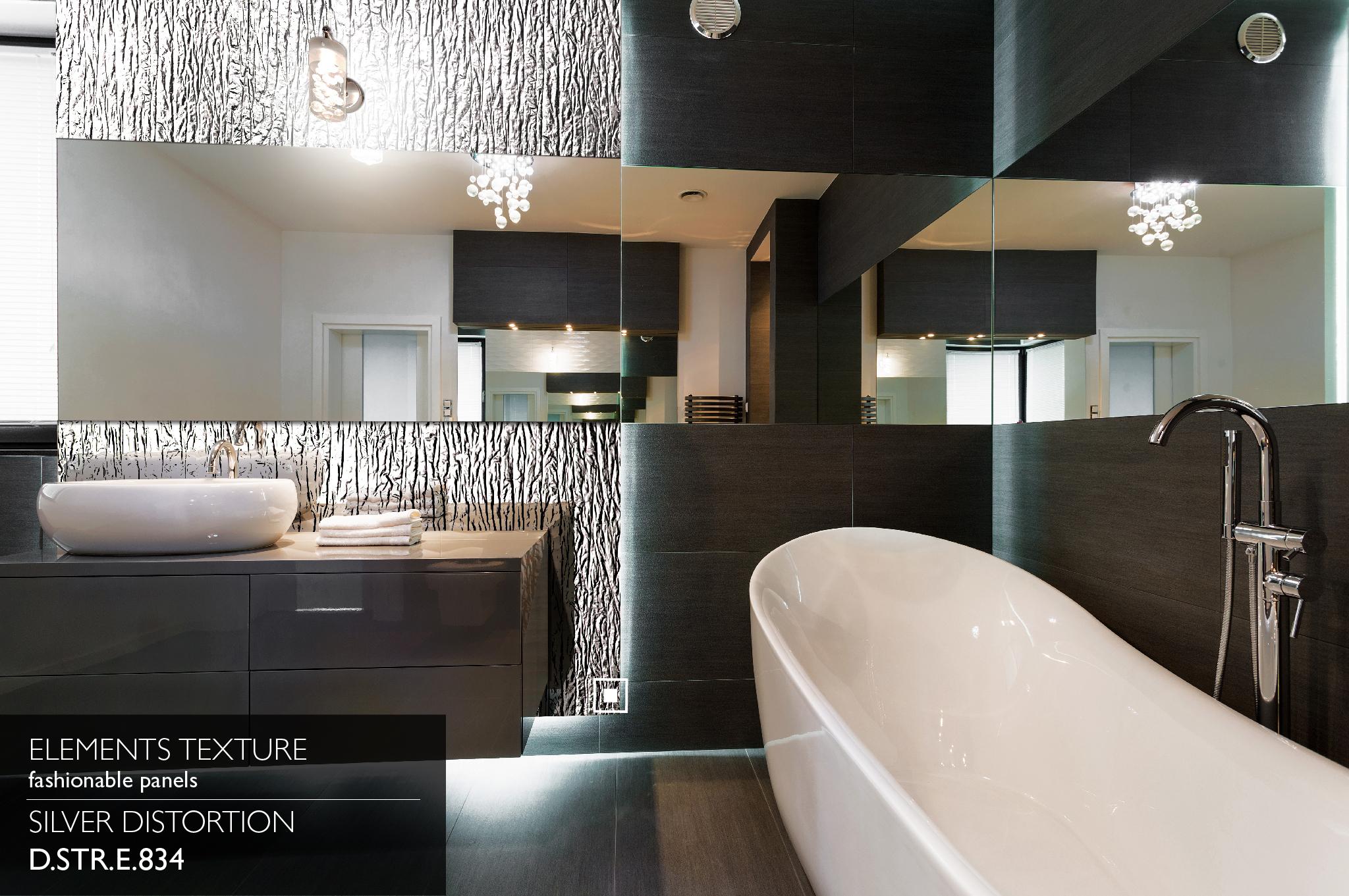 Elements Texture Silver Distortion laminate cladding a bathroom wall beside a mirrored vanity and freestanding tub