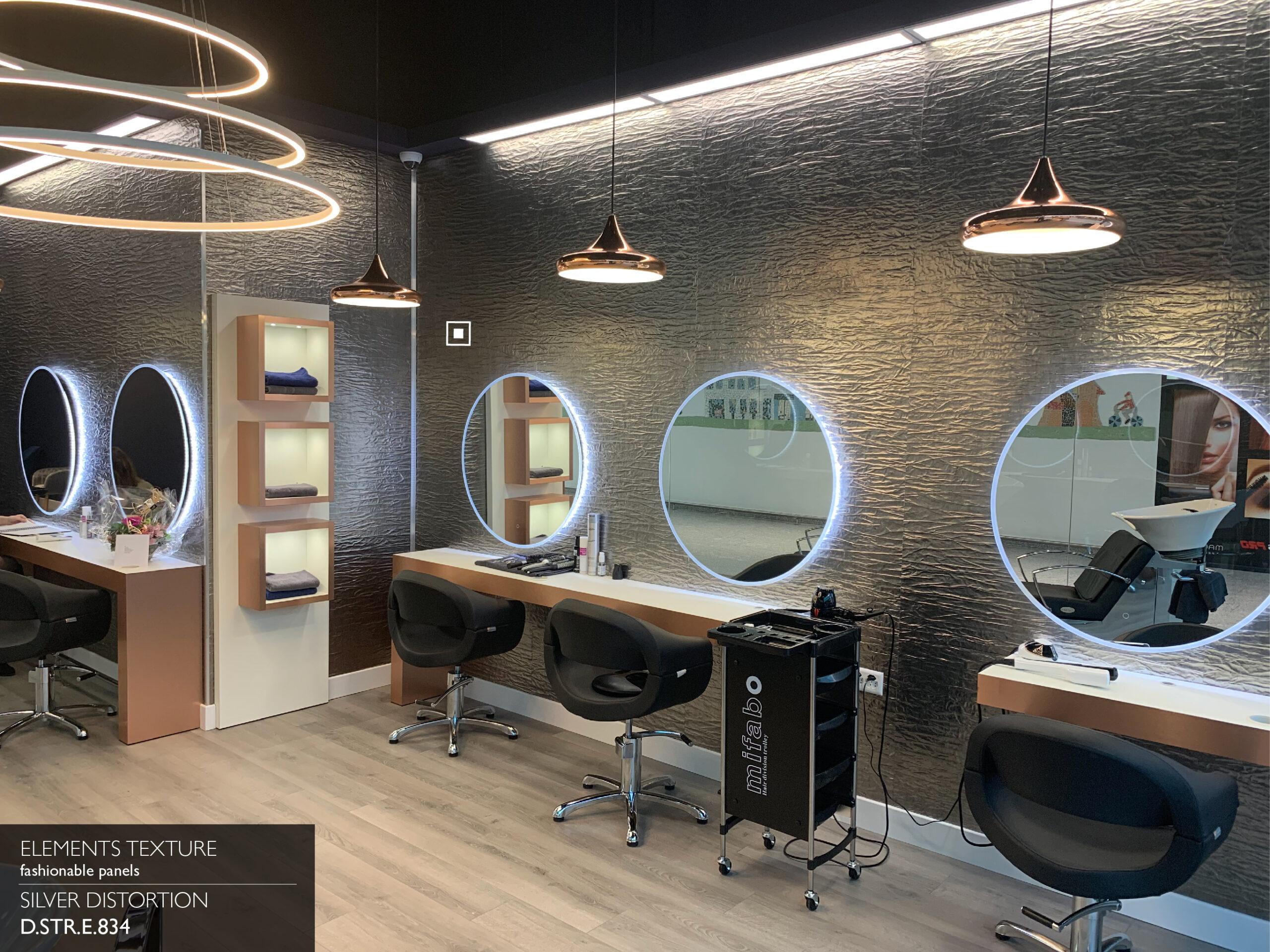 Elements Texture Silver Distortion laminate cladding a hair salon wall with rose gold pendant lights