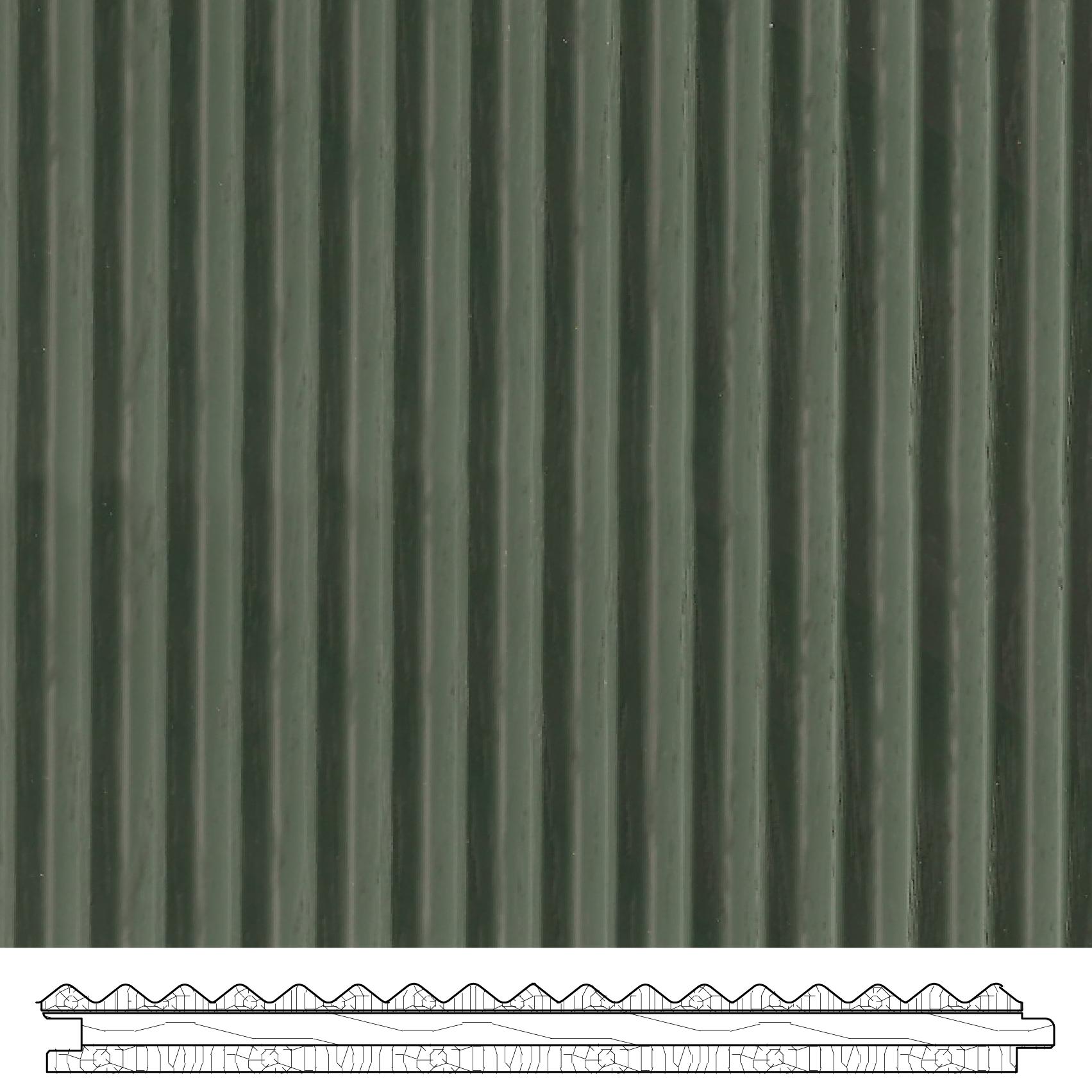 Slat Taurus real material sample - Alps Green Oak vertical flute profile, with tongue-and-groove cross-section detail