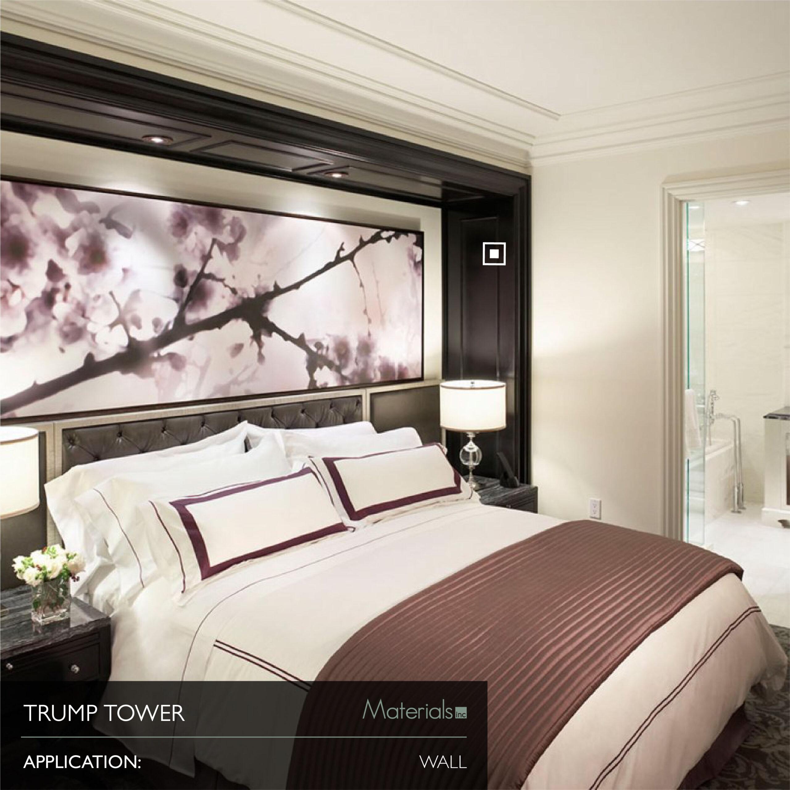 Dye-A-Log wood veneer headboard paneling in a Trump Tower bedroom