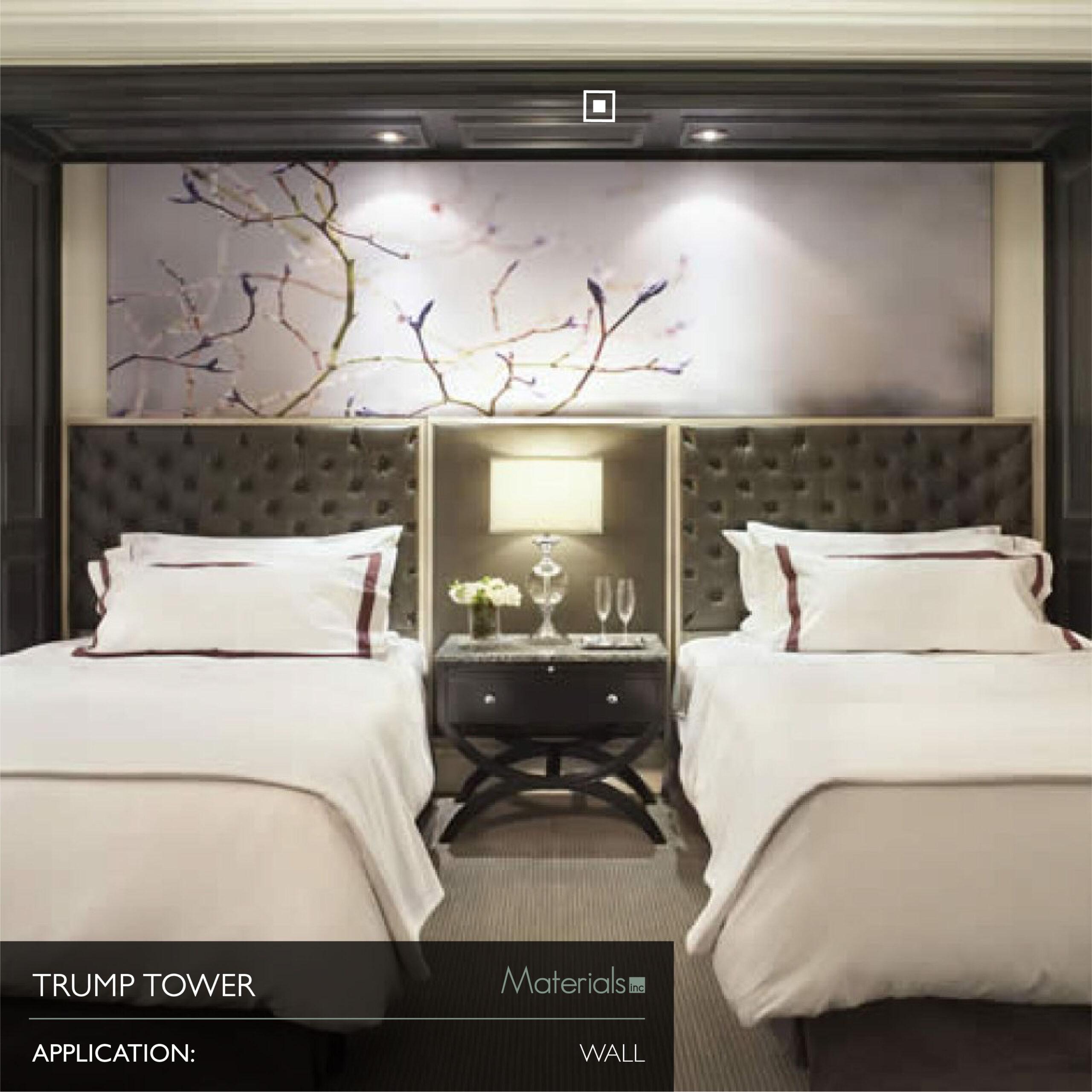 Dye-A-Log wood veneer headboard paneling in a Trump Tower twin bedroom