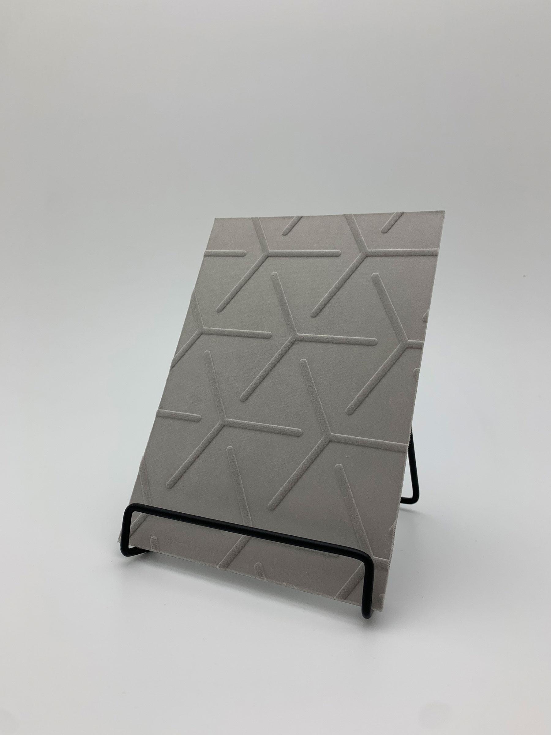 Elements Velvet Pearl Cube real material sample - a pearl-grey velvet with an embossed tumbling-cube pattern