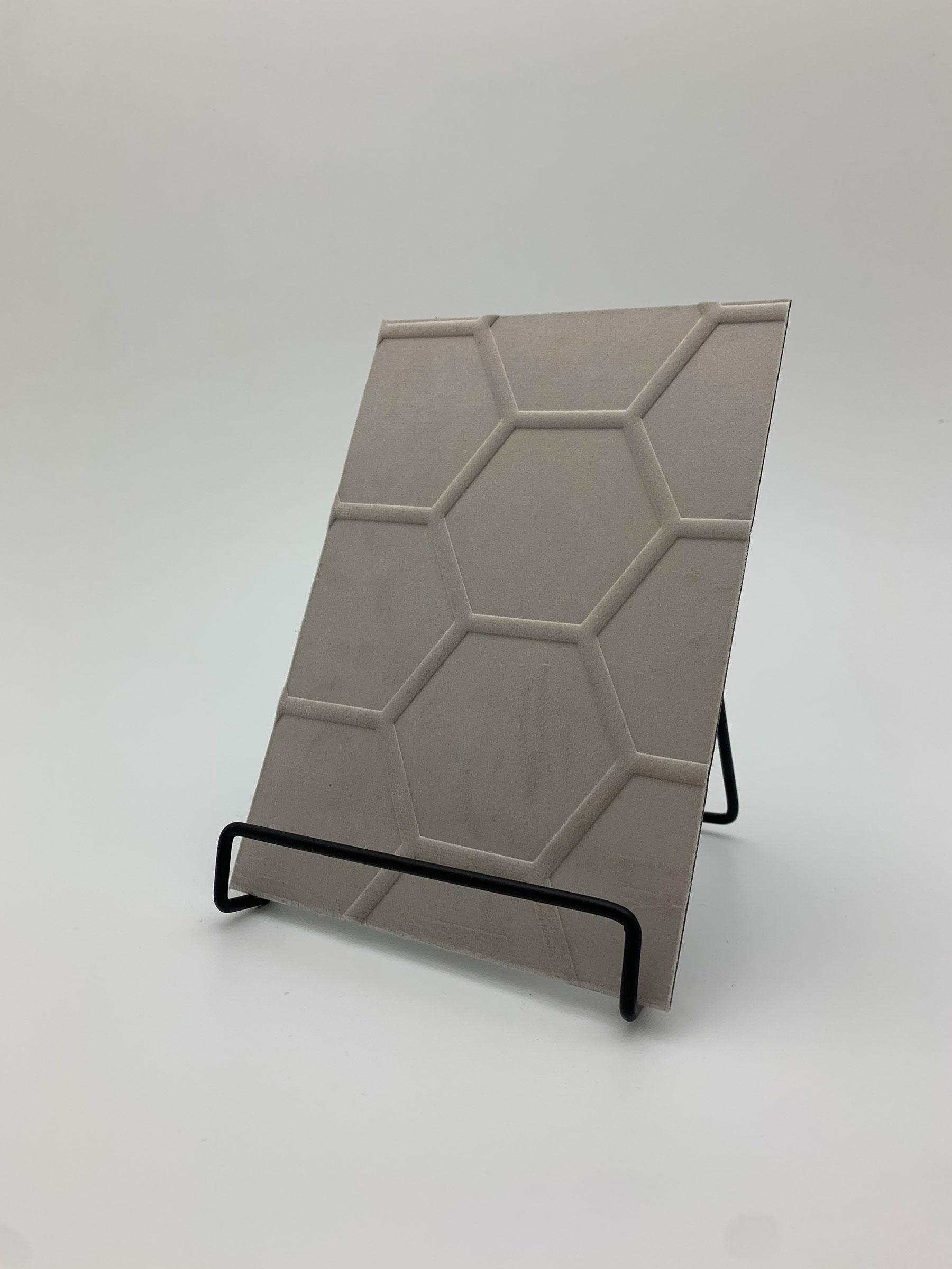 Elements Velvet Pearl Honeycomb real material sample - a pearl-grey velvet with an embossed honeycomb grid