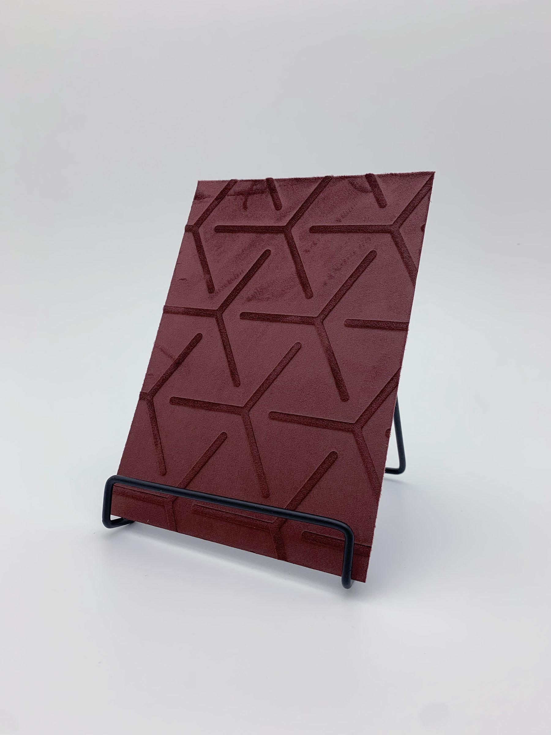 Elements Velvet Wine Red Cube real material sample - a wine-red velvet with an embossed tumbling-cube pattern