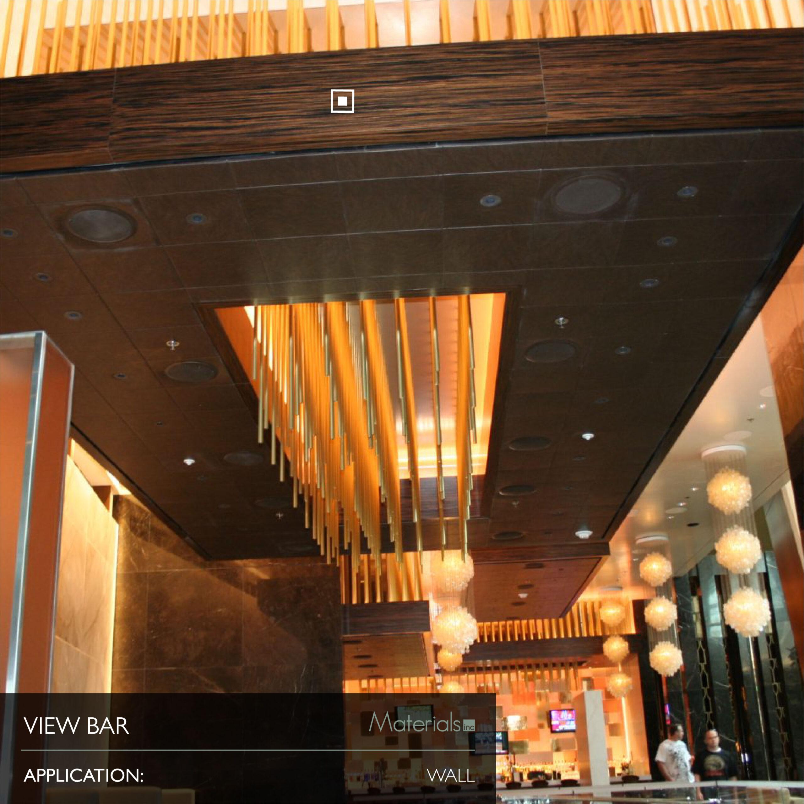 Dye-A-Log wood veneer ceiling paneling above the bar at View Bar