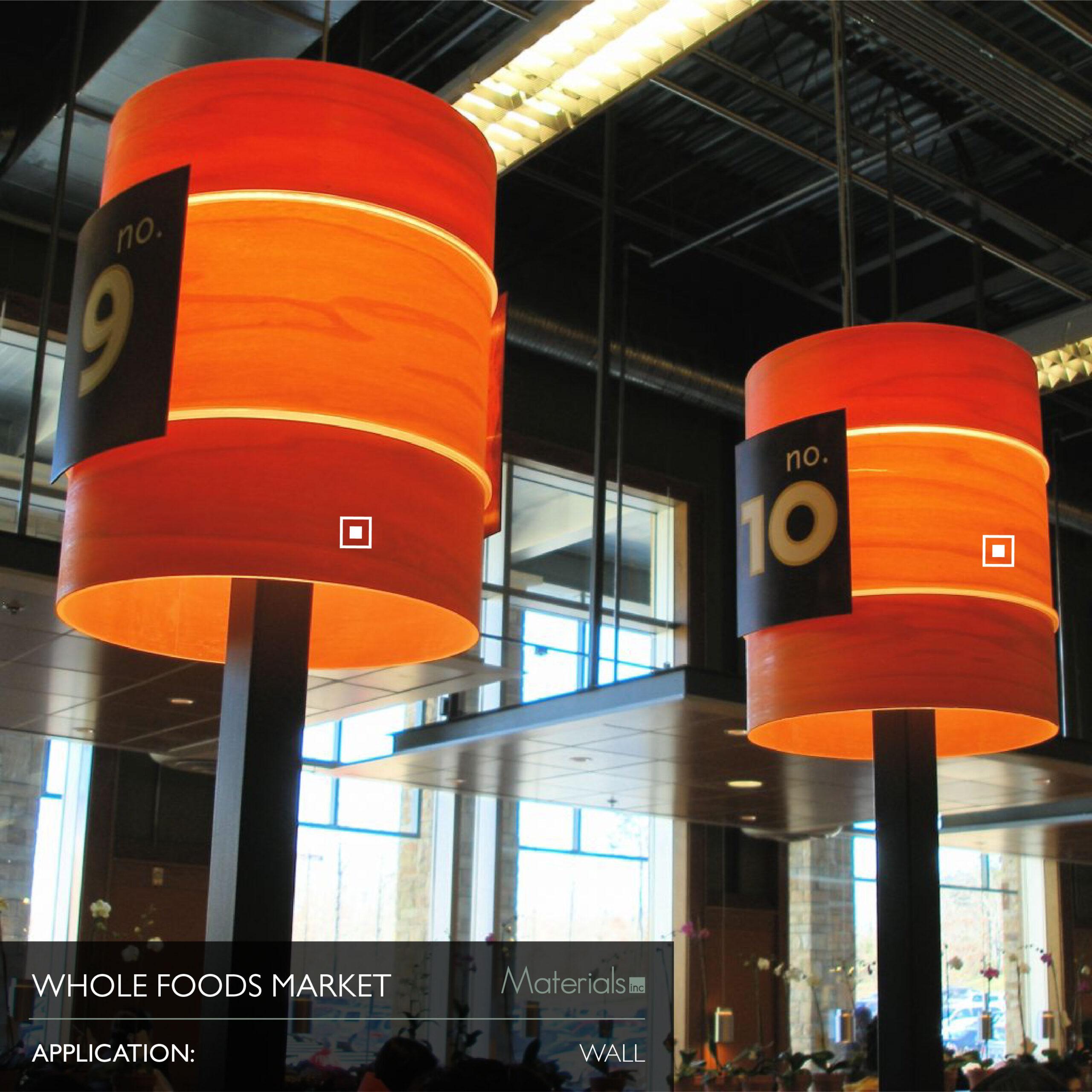 Dye-A-Log wood veneer pendant light fixtures in a Whole Foods Market