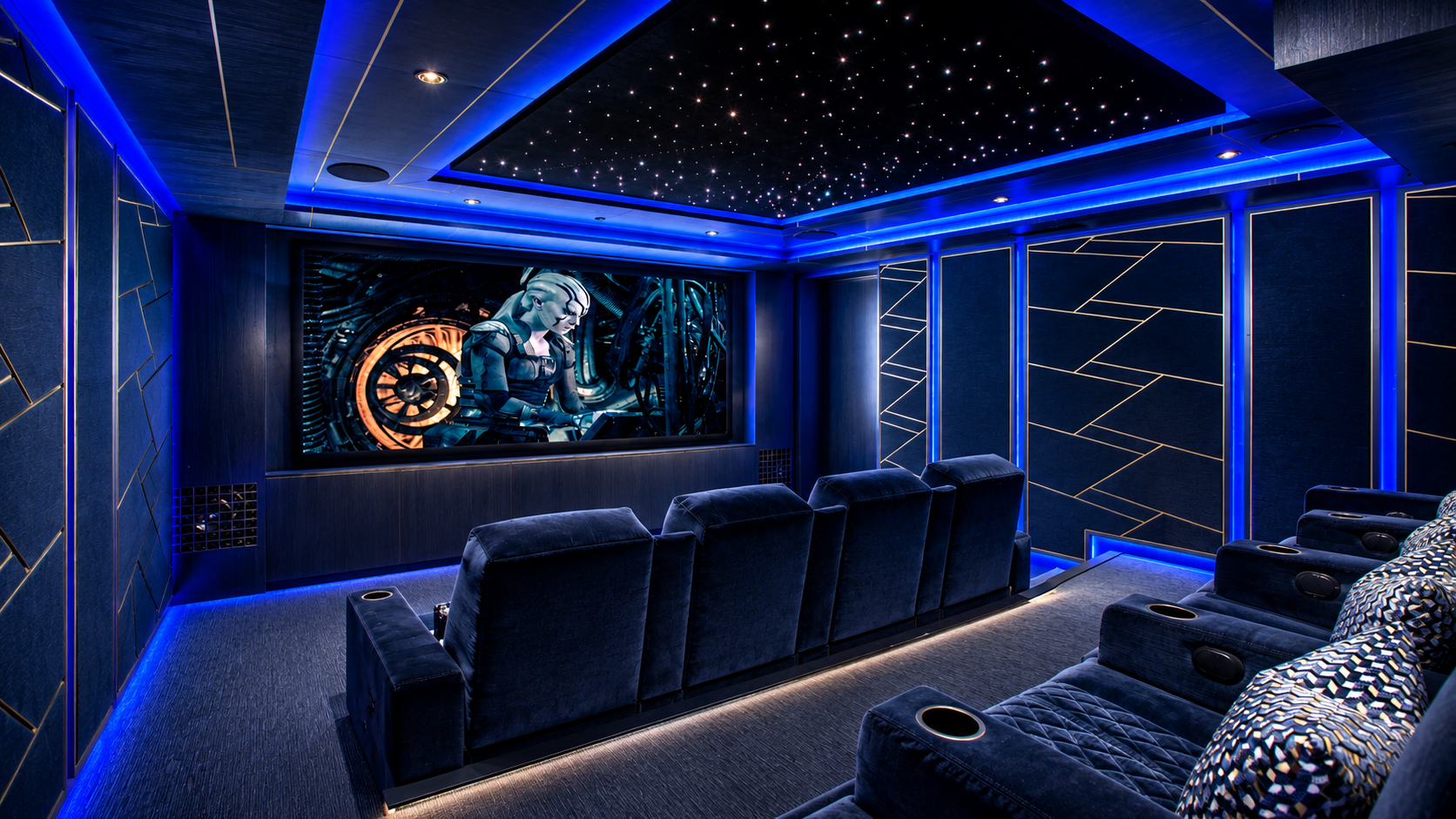 Home theater with dark navy wood veneer paneling in a geometric pattern, blue LED lighting, and reclining velvet seats