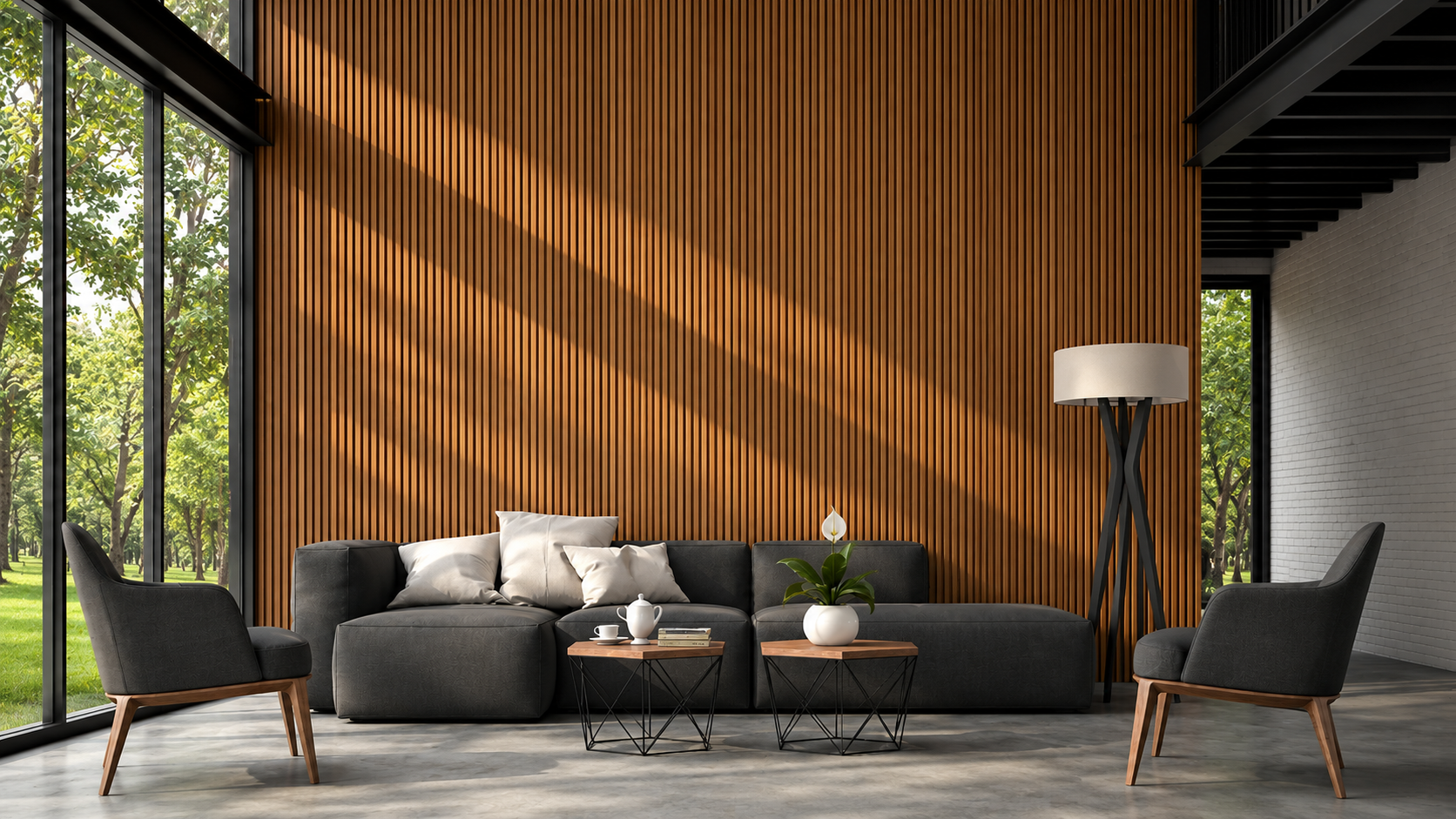 Living room with a warm wood slat feature wall, dark sectional sofa, and floor-to-ceiling windows