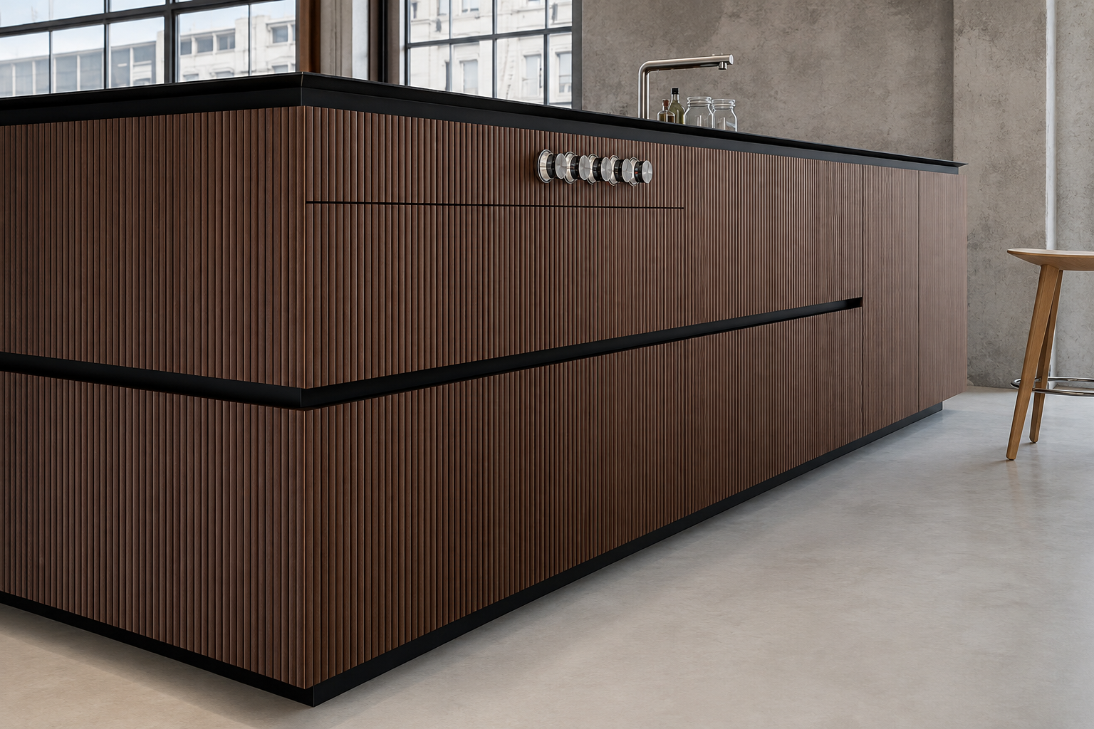 Close-up of a milled wood kitchen island with vertical fluted panel fronts and black metal trim in an industrial loft