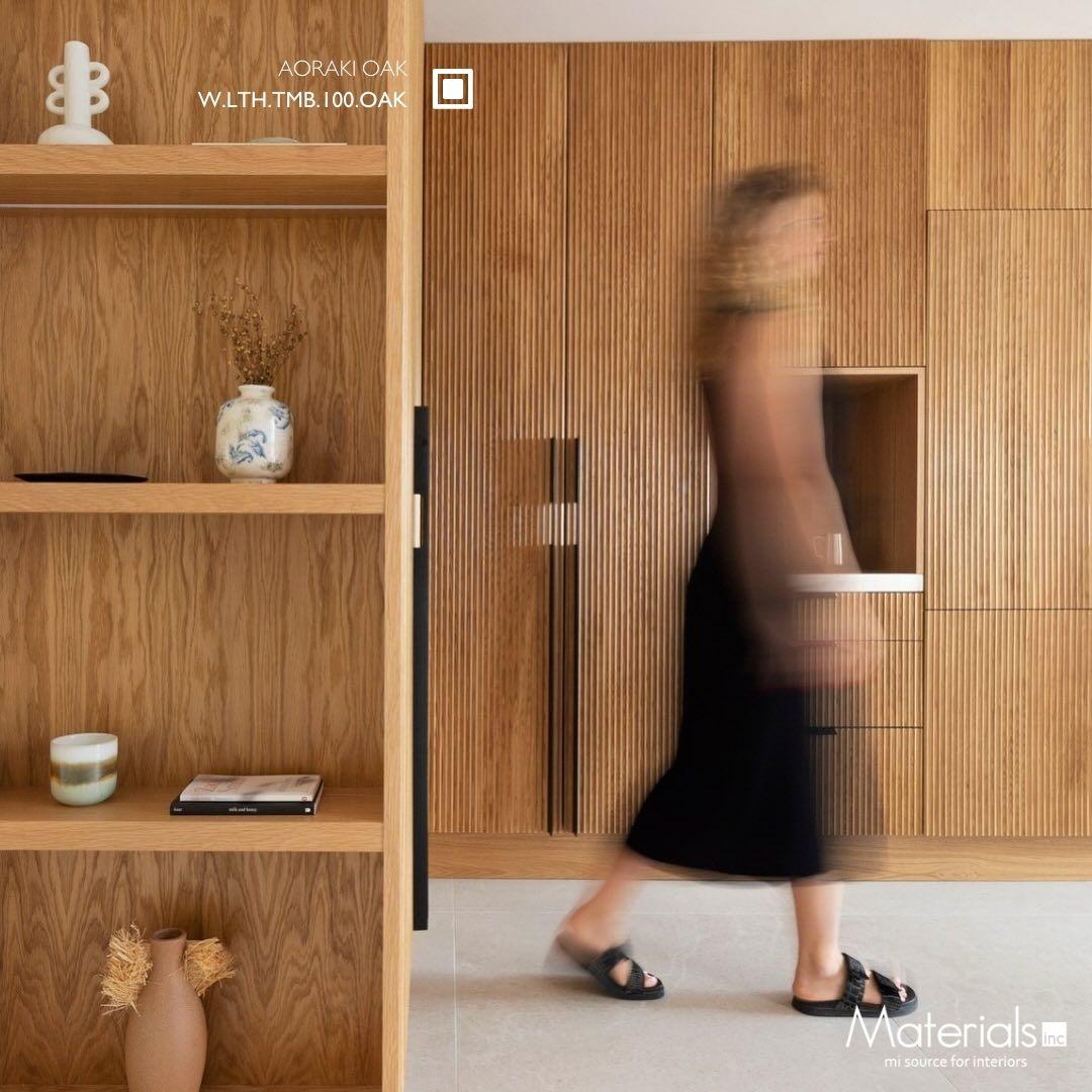 Tambora Aoraki Oak milled wood panel on closet doors, wide room view