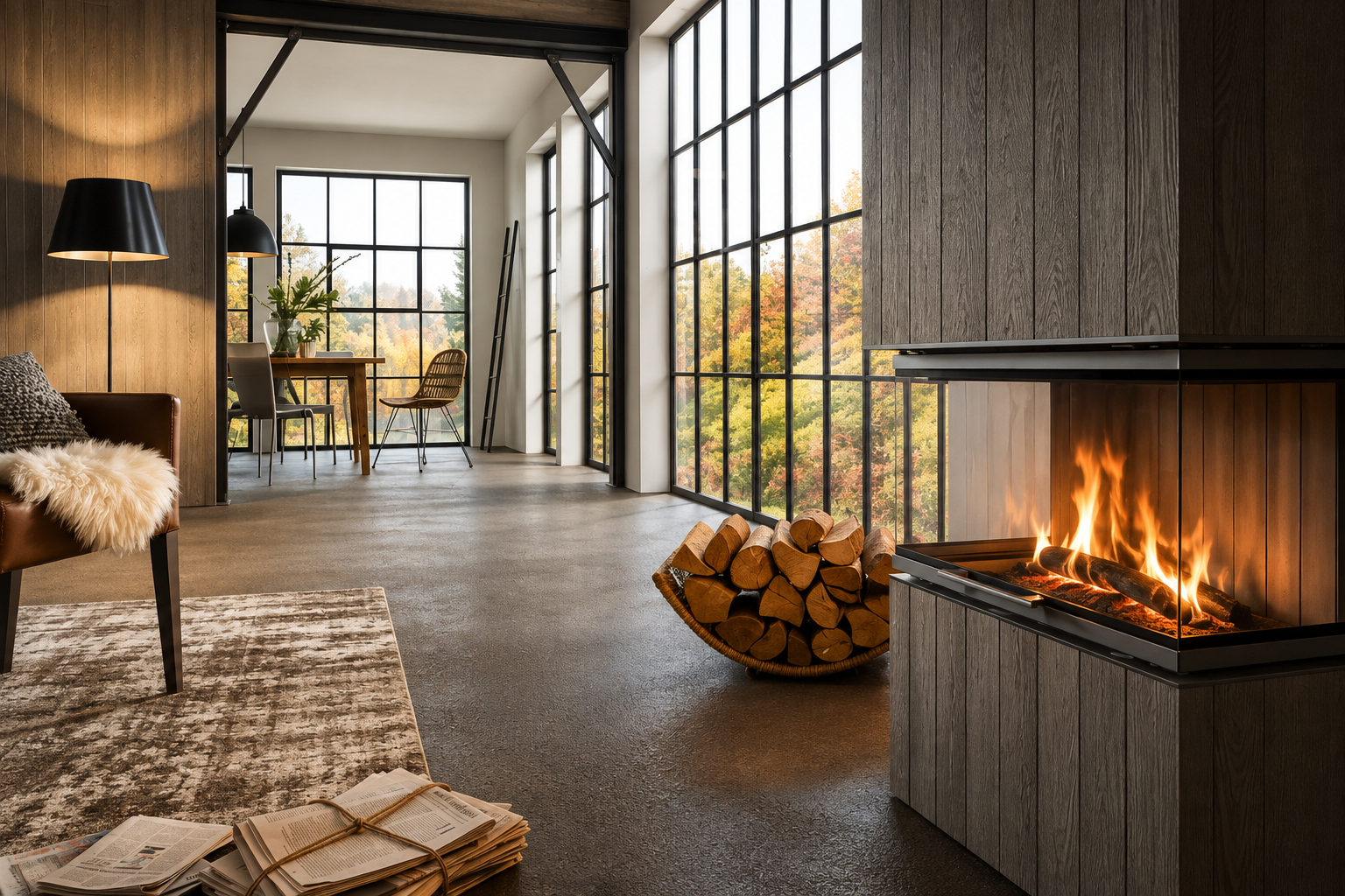Modern cabin loft with vertical wood plank paneling, a two-sided glass fireplace, and floor-to-ceiling windows overlooking autumn trees