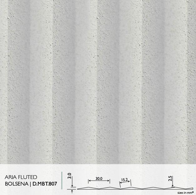 Aria Fluted Bolsena real material sample - wide flat flute profile with technical cross-section detail