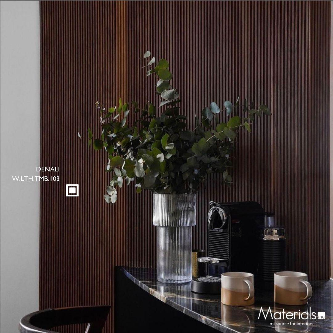 Tambora Denali milled wood panel as a wall feature behind a kitchen coffee counter