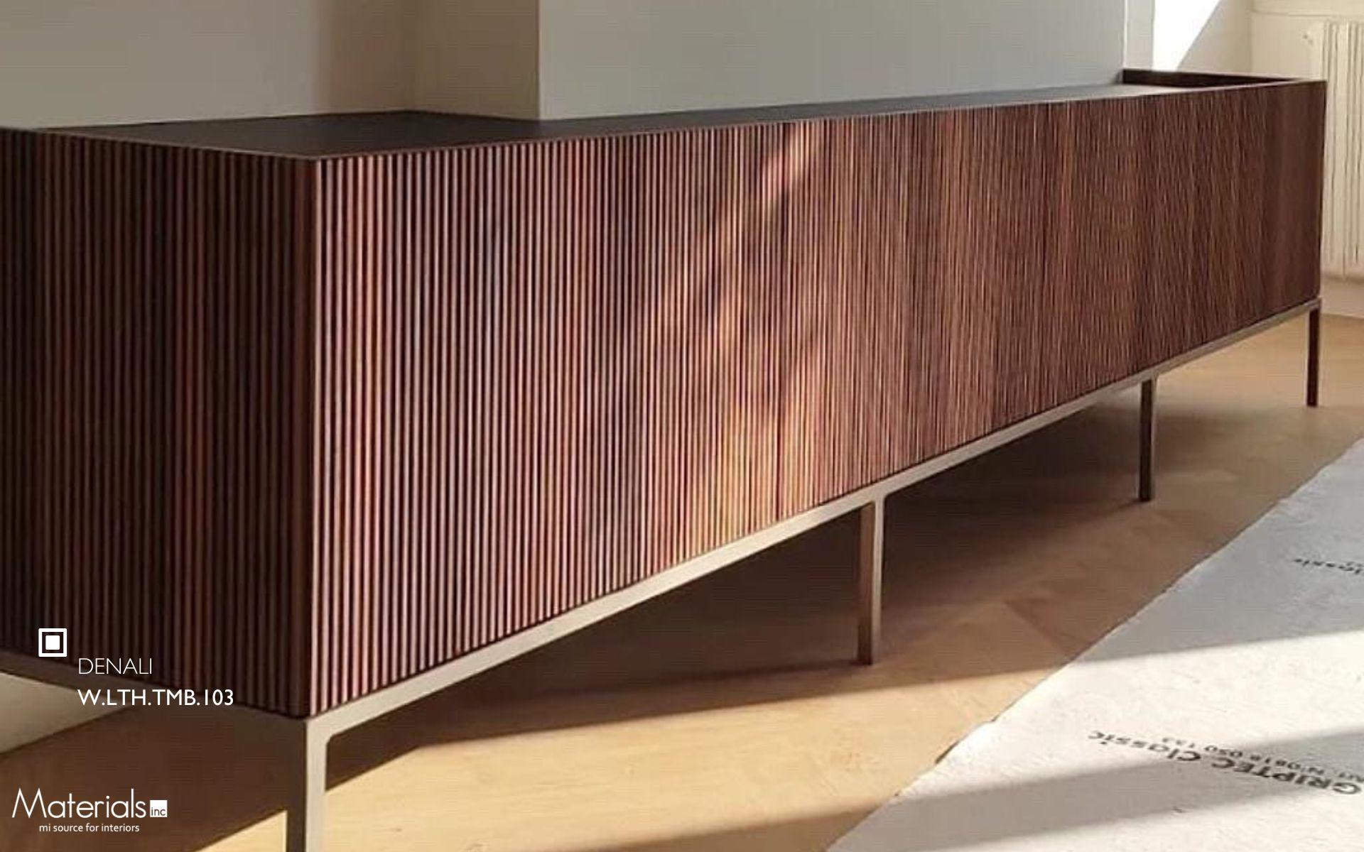 Tambora Denali milled wood panel on a freestanding credenza in an industrial loft