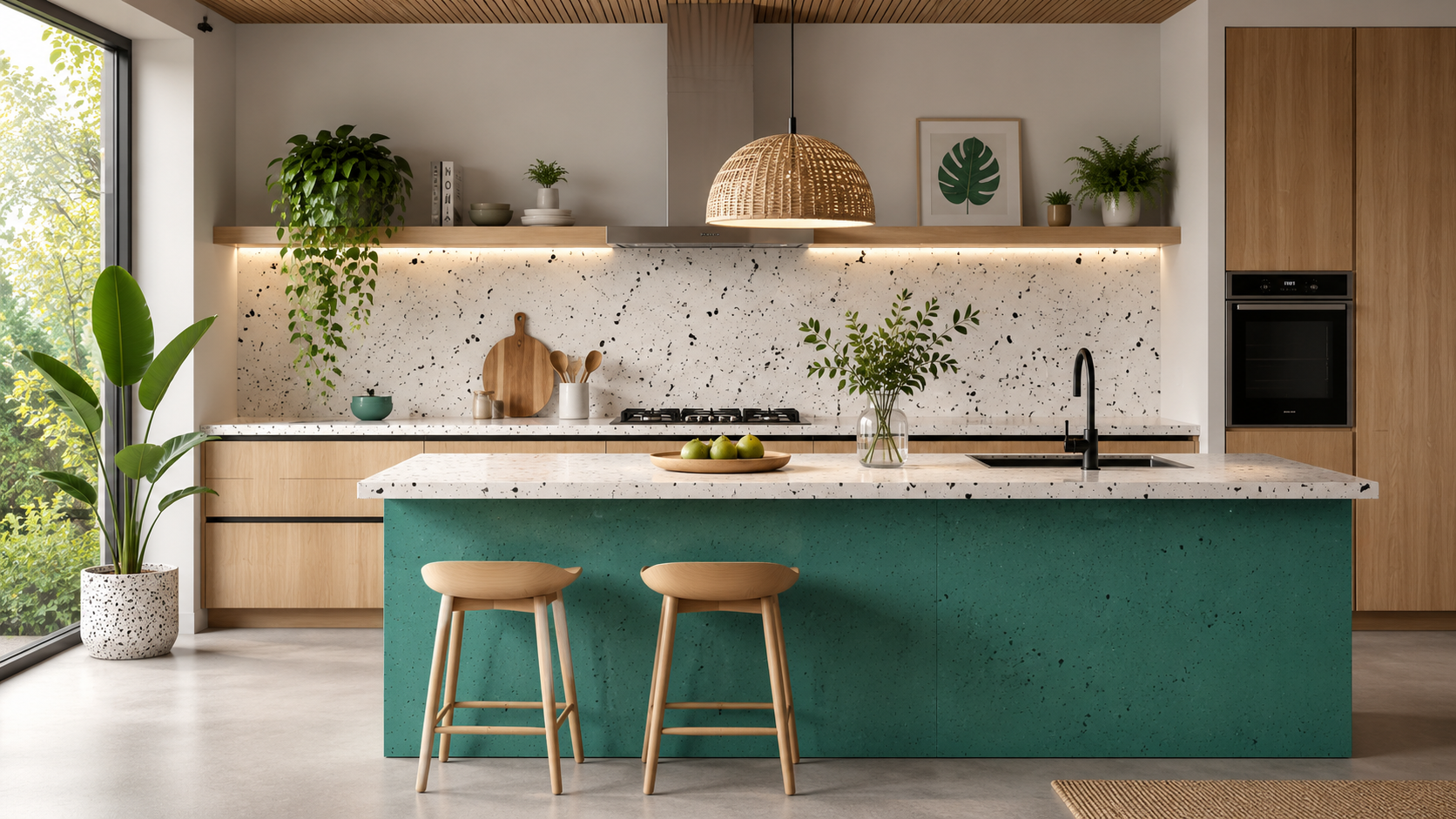 Kitchen with a speckled terrazzo-style countertop and green flecked composite island panel, wood cabinetry, and potted plants
