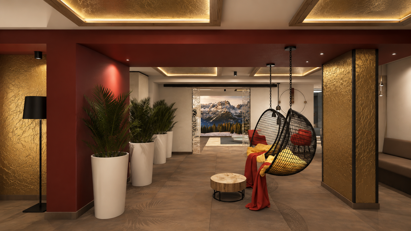 Hotel lounge corridor with textured gold leaf panel walls, a red accent column, hanging rattan swing chairs, and potted palms