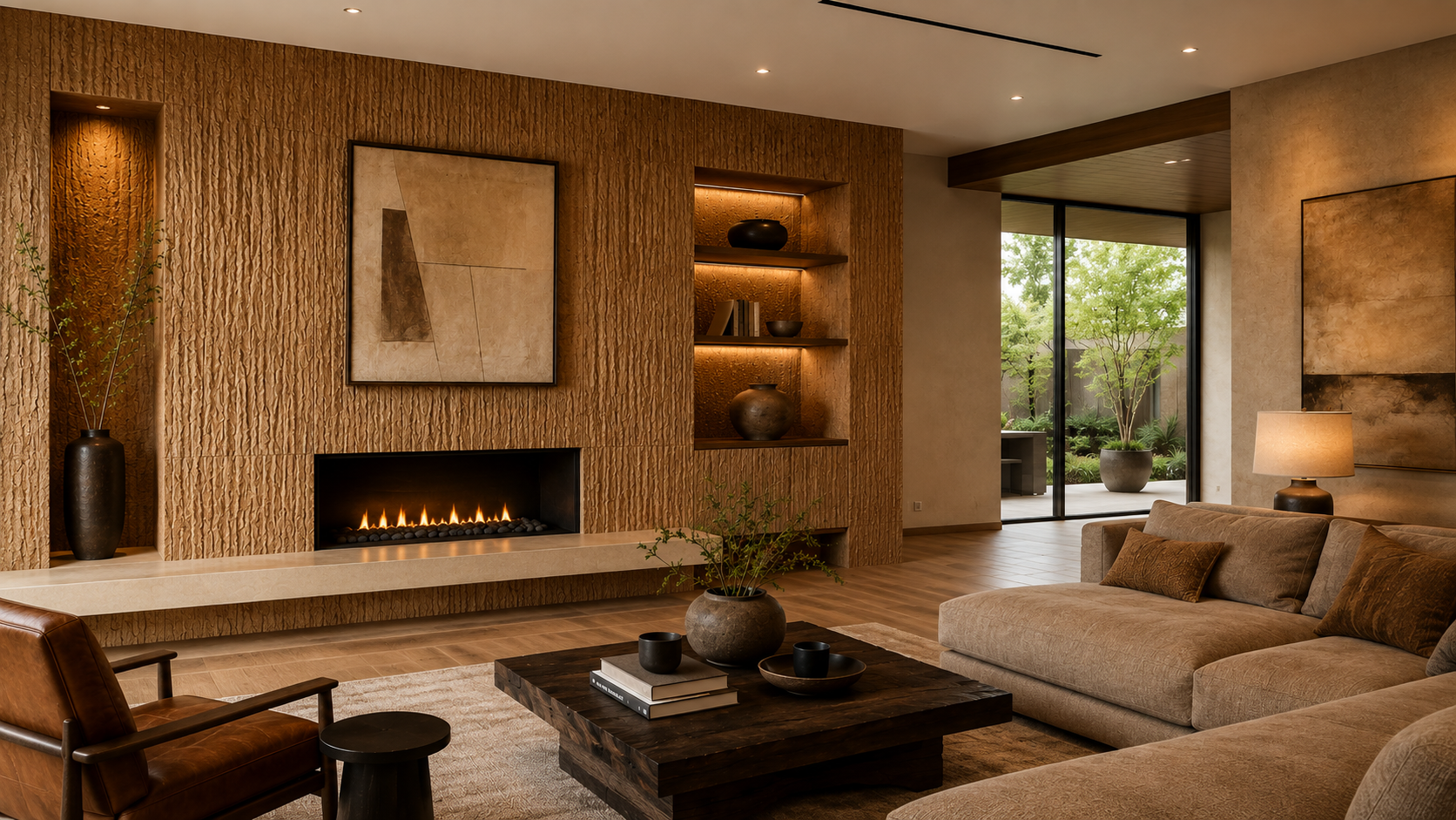 Living room with a coarse-textured wood veneer fireplace wall, built-in shelving, and a sectional sofa