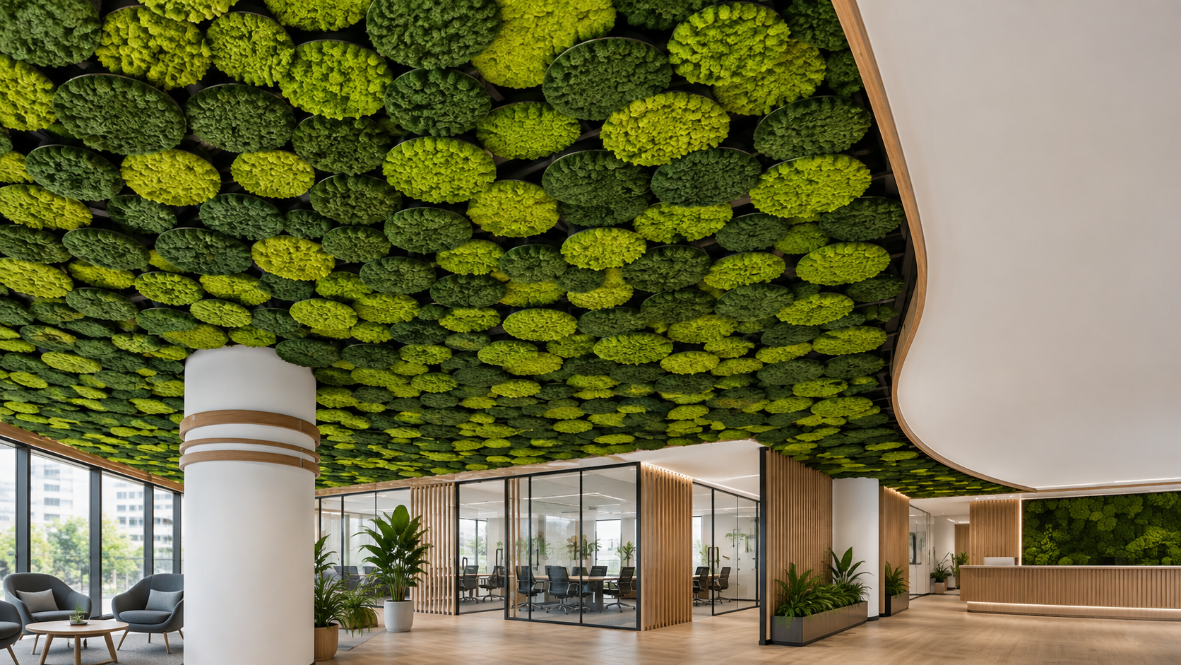 Office lobby ceiling covered in preserved moss discs in varying shades of green, above a reception area with wood slat partitions