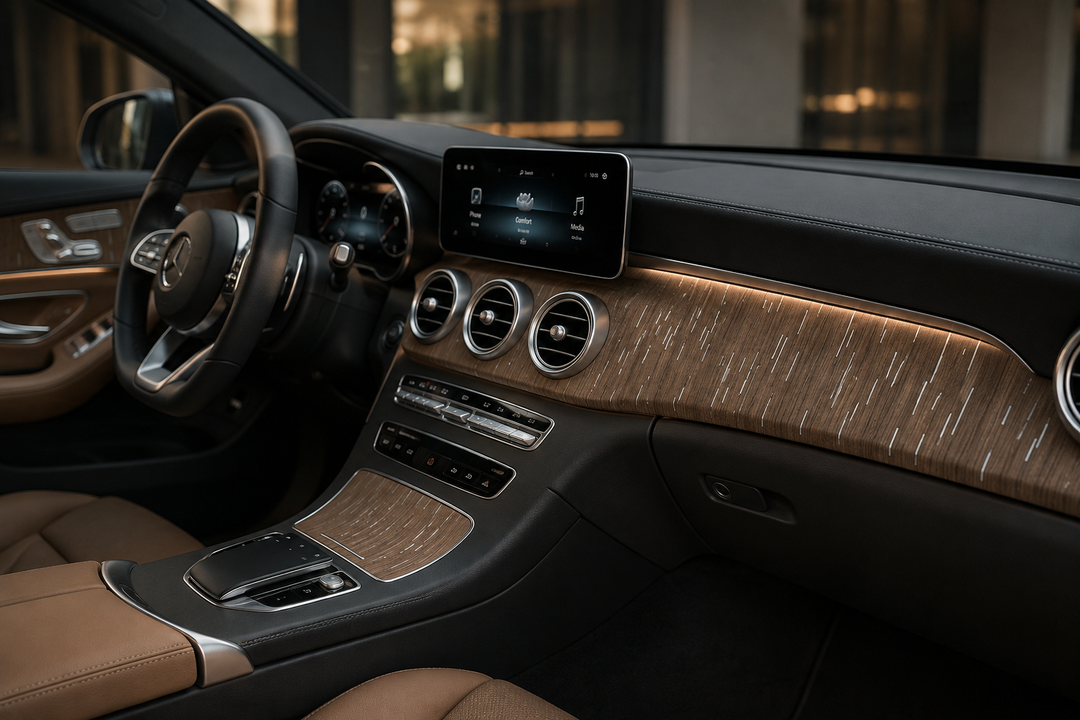 Car interior dashboard with a striped inlay wood veneer trim panel and brown leather seats